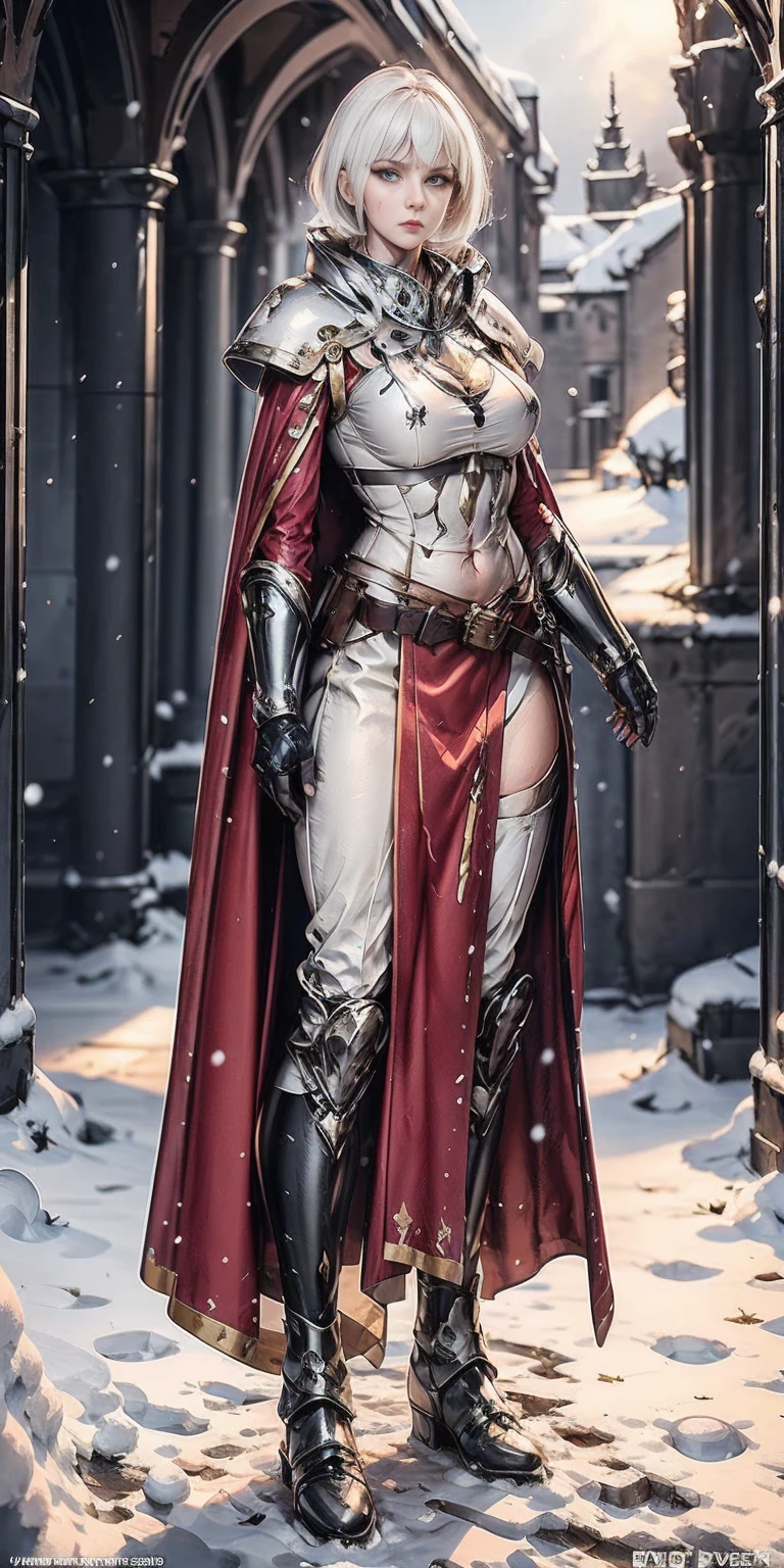 full body standing straight symmetrical, FEMALE warrior princess, big belt around waist, hair, very white skin like snow, wearing full heavy armor red cape, brown leather boots, adventurer outfit, veteran warrior MILF bimbo (Calca Bessarez - Overlord)