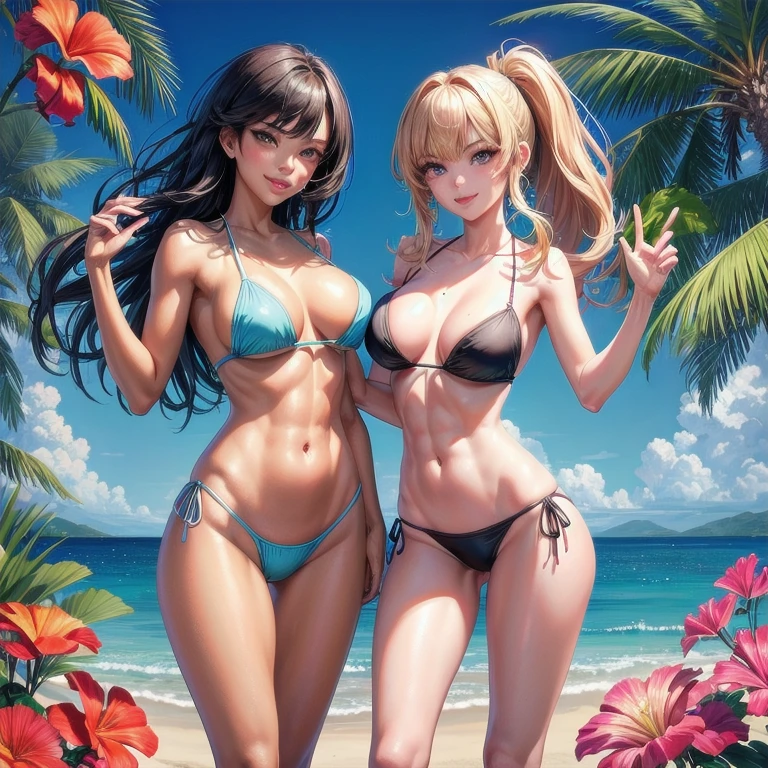 (best quality, highres:1.2), 2 beautiful girls, slender bodies, curvaceous figures, sex symbols, exotic poses, flirtatious grins, micro bikinis, best friends, Ahegao Double Peace expression, sun-kissed tans, beach setting, clear blue water, palms, sand, tropical background, bright colors, HDR, studio lighting, ultra-fine painting, sharp focus, physically-based rendering, extreme detail description, portraits, seductive gaze, slim waist, toned abs, morena hair, long eyelashes, eyeliner, summer makeup, cute smile, youthful appearance, full lips, playful accessories