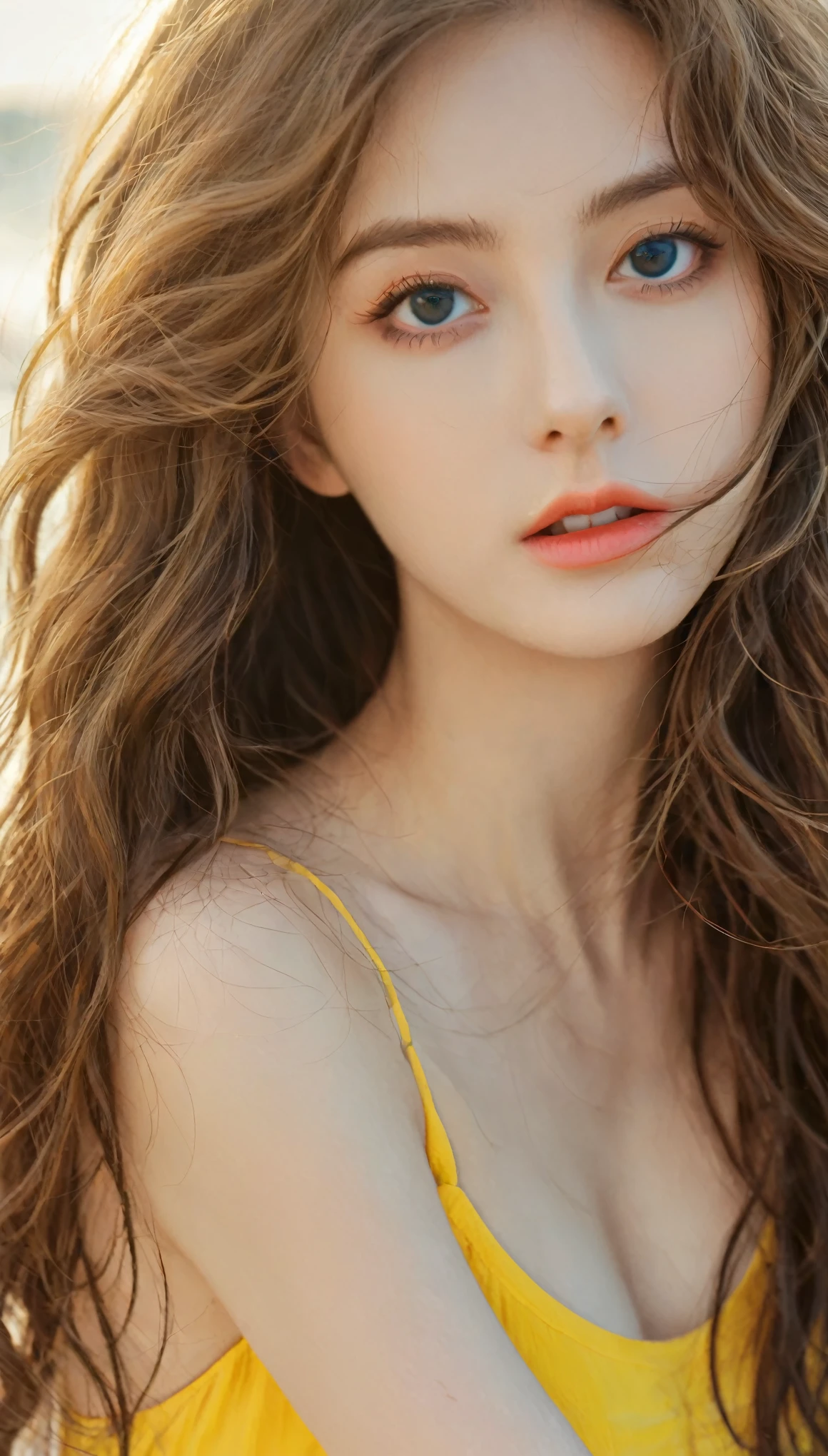 (Frightening:1.3) Close-up photos, CherryNobodySD15, (Pretty Face:1.1), (25 years:1.5), Delicate eyes, Dynamic poses, (big eyes:1.0), (Fit body:1.1), (Long wavy hair:1.2), naked, Wear (:1.1), Beach, (primary color:1.3)