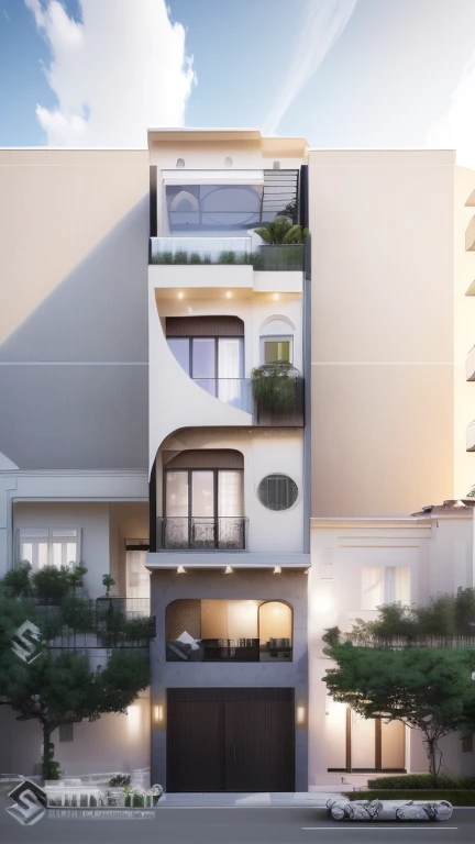 a rendering of a modern Residential building with a balcony and balconies, exterior wide angle 2022, maison conceptuelle, conception architecturale globale, exterior design, art architectural de haute qualité, 3 d vray render, vue en élévation de face, complete house, maison urbaine, Hoang Long Ly, villa interdimensionnelle, middle view, Residential, Ombre style