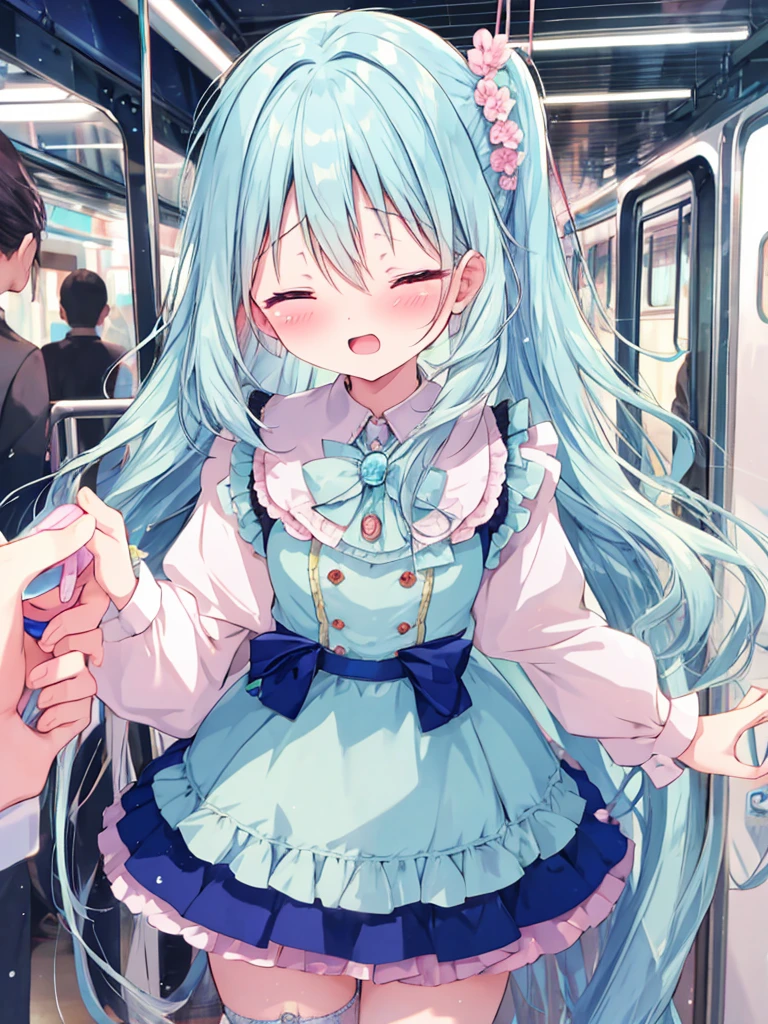 masterpiece, best quality, extremely detailed, (illustration, official art:1.1), 1 girl ,(((( light blue long hair)))), ,(((( light blue long hair)))),light blue hair, ,10 years old, long hair ((blush)) , cute face, big eyes, masterpiece, best quality,(((((a very delicate and beautiful girl))))),Amazing,beautiful detailed eyes,blunt bangs((((little delicate girl)))),tareme(true beautiful:1.2),(pov_hand, pink vibrator remote switch in pov_hand, pov:1.2), best quality, super detail, masterpiece, UHD, 8k, ridiculous, cowboy shooting, blurred, 1girl, focus on girl, embarrassed, blush, lovely, eyes closed, opening mouth with tears in eyes, left by saliva, wet skirt hem, sticky panties, vibrator cord bulge, vibrator in garter, Subway car interior background, In the crowded crowd,train