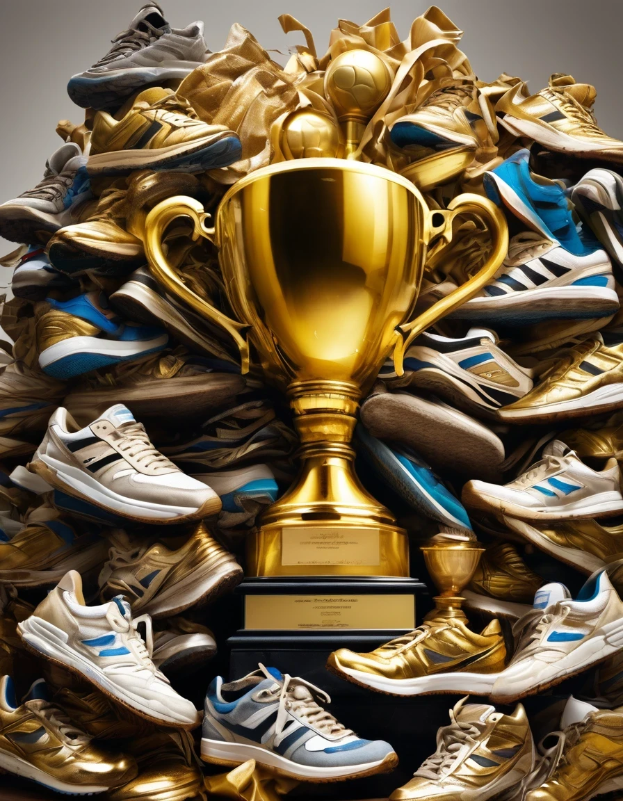 A huge golden trophy,A pile of worn-out sneakers of all kinds