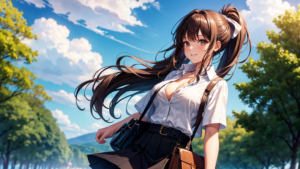 1girl, full body, solo, summer, village, trees, sun, clouds, ((brown hair)), ponytail, large breasts, ((black blazer)), button down shirt, ((white shirt)), ((short sleeved shirt)), ((unbuttoned shirt)), unbuttoning buttons, cleavage 1:3, brown eyes, skirt, smile, looking at the viewer, standing, hair ribbon, golden necklate, shoulder bag