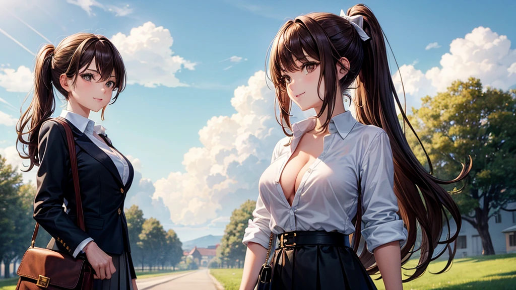 1girl, full body, solo, summer, village, trees, sun, clouds, ((brown hair)), ponytail, large breasts, ((black blazer)), button down shirt, ((white shirt)), ((short sleeved shirt)), ((unbuttoned shirt)), unbuttoning buttons, cleavage 1:3, brown eyes, skirt, smile, looking at the viewer, standing, hair ribbon, golden necklate, shoulder bag