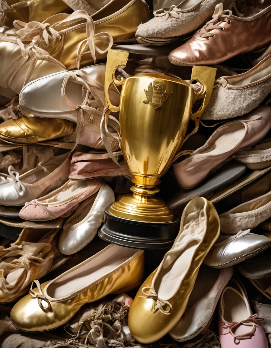 A huge golden trophy,A pile of worn-out ballet shoes of all kinds