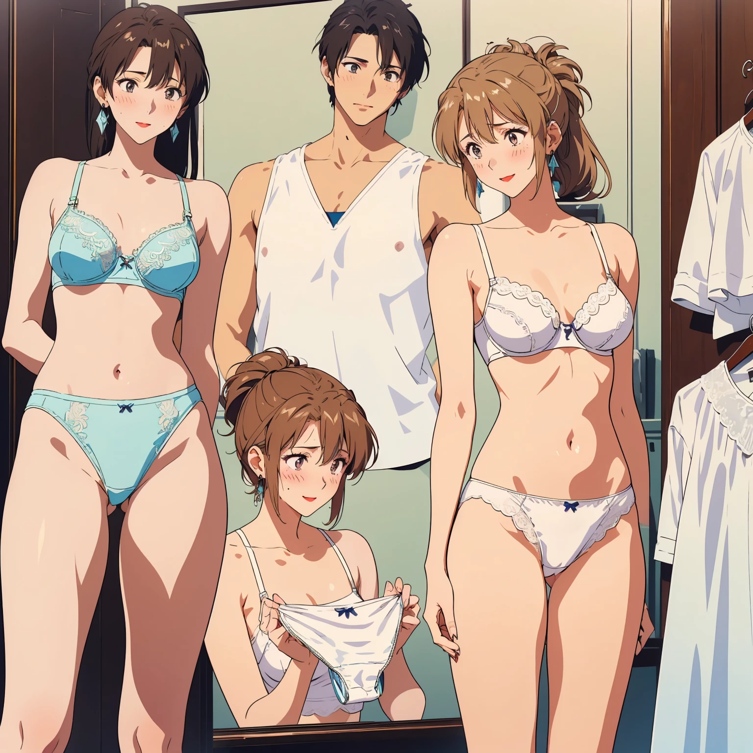 masterpiece, top quality, ultra detailed, ((((AIKA_SUMERAGI, folded ponytail, best anatomy, in underwear, (white panties, elaborately designed luxury panties for adults, panties high definition images, draw panties with super precision), lace trimmed bra, extremely detailed texture, earrings, red lip, embarrassed, blush, smile)))), cowboy shot, (((underwear in dressing room))), white skin, (presenting panties)