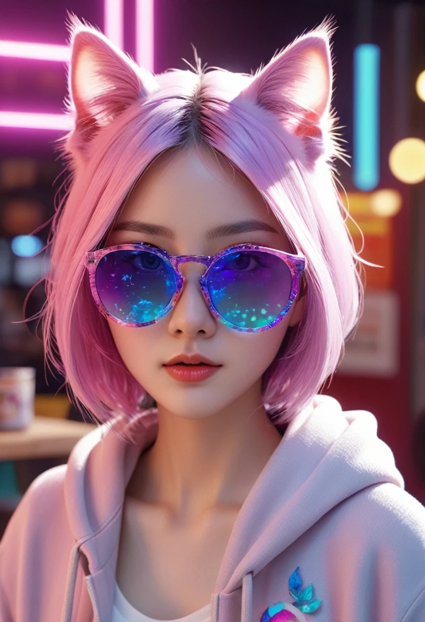In a strange and cute cafe, Fluffy kitten, crafted from Very detailed curling, Thin glowing colored smoke, Wear a Rose Hoodie,戴上Fashion、interesting、Giant sparkly sunglasses. Against a backdrop of Full of energy neon Format spelling VIKUSIA, Fenoho Today, Capture its magic in a digital art masterpiece. Incorporate volumetric 3D Renderinging, Octane Rendering, and Full of energy graffiti elements to create a fantasy illustration that showcases its Fashion-forward style. Make it pop with a poster-worthy 3D Rendering that embraces the essence of this captivating character ((Amazing、Stunning views)). 3D, Very detailed, Clear focus, 8k, Super quality, Ultra HD, Crystal clear, Bokeh. Black magic Pocket Cinema Camera 6K Pro 配备 Sigma 18-35mm f/1.8 DC HSM Art Lenses for Canon EOS 5D Mark IV Camera,With Canon EF 24-70mm f/2.8L II USM lens--ar 9:16 -- 5 o'clock'bell.2 --750, architecture, Full of energy, wildlife photography, portrait photography, Fashion, Movie, Format, 3D Rendering, poster, photo