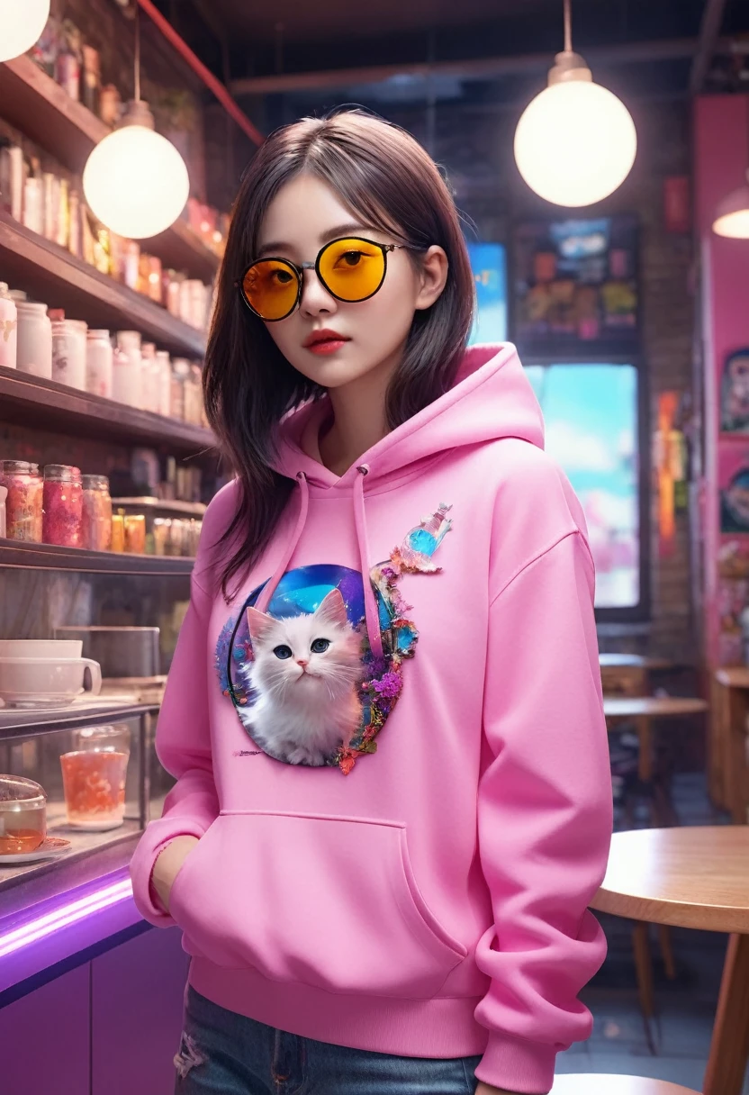 In a strange and cute cafe, Fluffy kitten, crafted from Very detailed curling, Thin glowing colored smoke, Wear a Rose Hoodie,戴上Fashion、interesting、Giant sparkly sunglasses. Against a backdrop of Full of energy neon Format spelling VIKUSIA, Fenoho Today, Capture its magic in a digital art masterpiece. Incorporate volumetric 3D Renderinging, Octane Rendering, and Full of energy graffiti elements to create a fantasy illustration that showcases its Fashion-forward style. Make it pop with a poster-worthy 3D Rendering that embraces the essence of this captivating character ((Amazing、Stunning views)). 3D, Very detailed, Clear focus, 8k, Super quality, Ultra HD, Crystal clear, Bokeh. Black magic Pocket Cinema Camera 6K Pro 配备 Sigma 18-35mm f/1.8 DC HSM Art Lenses for Canon EOS 5D Mark IV Camera,With Canon EF 24-70mm f/2.8L II USM lens--ar 9:16 -- 5 o'clock'bell.2 --750, architecture, Full of energy, wildlife photography, portrait photography, Fashion, Movie, Format, 3D Rendering, poster, photo