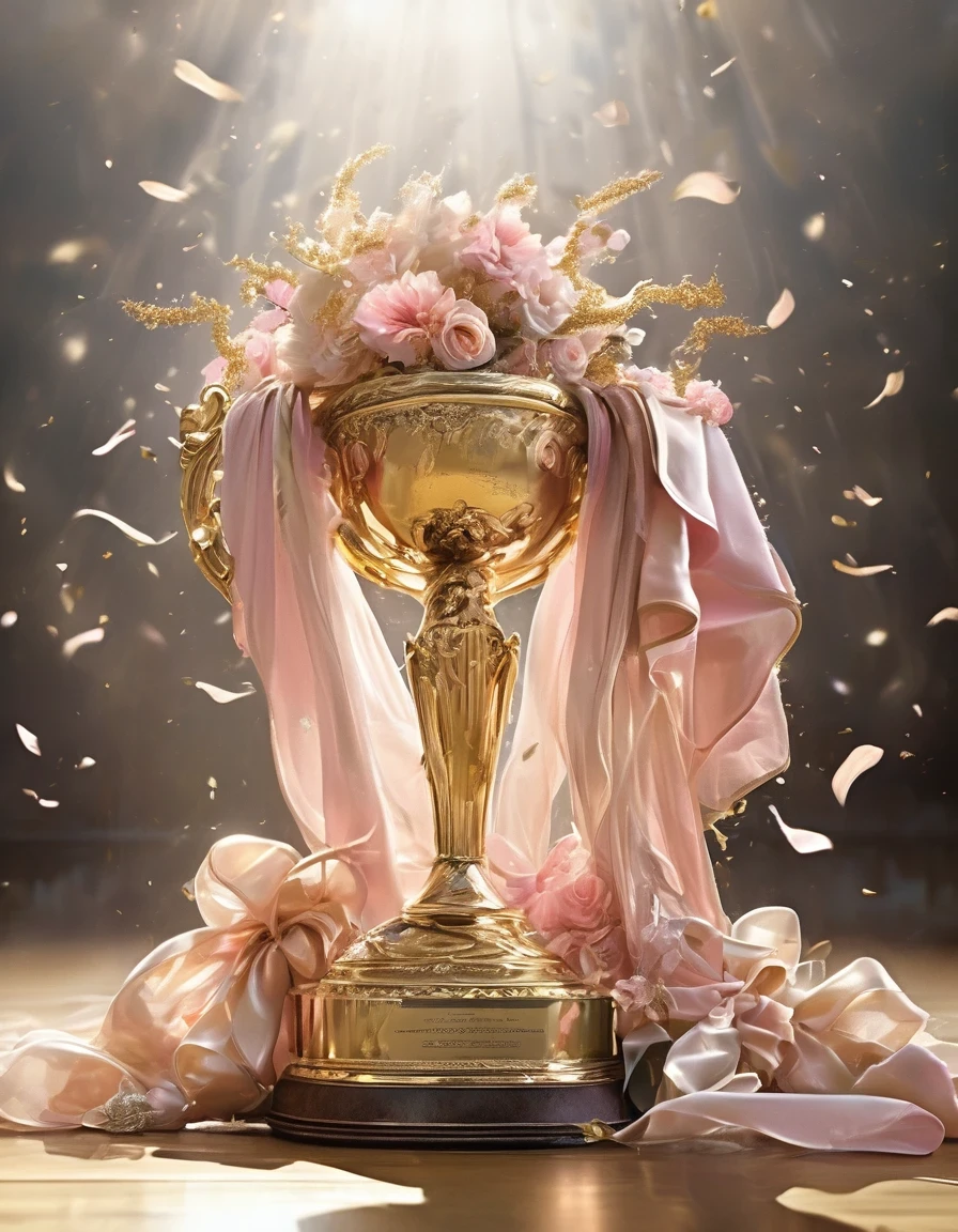 (best quality,highres,masterpiece:1.2),ultra-detailed,shimmering gold trophy,plethora of tattered ballet shoes,dusty and worn-out ballet shoes,shoes scattered around the trophy,embodying the journey,effort and dedication,enormous achievement,perseverance and hard work,resilient and triumphant,reflecting the beauty of success,glorious and awe-inspiring,significance of dedication,Lights casting a spotlight on the trophy and shoes,symbol of victory and honor,Golden rays illuminating the worn-out shoes,giving them new life,Shadows creating a sense of depth and mystery,The shoes speaking volumes of countless practices,blisters and struggles,The trophy representing the pinnacle of excellence,victory and triumph,A visual narrative of the ballet world,inspiring hope and aspiration,Emblematic of dreams realized and goals achieved,sparkling and gleaming gold,The juxtaposition of pristine trophy and worn-out shoes,The contrast between success and the journey to achieve it,Hints of ballet dancers in motion and grace,whispering stories of dedication and passion,Subtle elements of ballet symbolism,pink tutus or ballet barres,Evoking the emotions of accomplishment and fulfillment,Vibrant colors and ethereal light,promoting the notion of extraordinary talents,Stunningly detailed engravings on the trophy,an homage to hard work and talent.