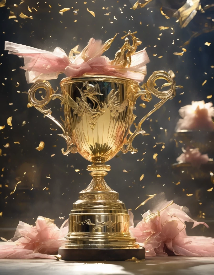 (best quality,highres,masterpiece:1.2),ultra-detailed,shimmering gold trophy,plethora of tattered ballet shoes,dusty and worn-out ballet shoes,shoes scattered around the trophy,embodying the journey,effort and dedication,enormous achievement,perseverance and hard work,resilient and triumphant,reflecting the beauty of success,glorious and awe-inspiring,significance of dedication,Lights casting a spotlight on the trophy and shoes,symbol of victory and honor,Golden rays illuminating the worn-out shoes,giving them new life,Shadows creating a sense of depth and mystery,The shoes speaking volumes of countless practices,blisters and struggles,The trophy representing the pinnacle of excellence,victory and triumph,A visual narrative of the ballet world,inspiring hope and aspiration,Emblematic of dreams realized and goals achieved,sparkling and gleaming gold,The juxtaposition of pristine trophy and worn-out shoes,The contrast between success and the journey to achieve it,Hints of ballet dancers in motion and grace,whispering stories of dedication and passion,Subtle elements of ballet symbolism,pink tutus or ballet barres,Evoking the emotions of accomplishment and fulfillment,Vibrant colors and ethereal light,promoting the notion of extraordinary talents,Stunningly detailed engravings on the trophy,an homage to hard work and talent.