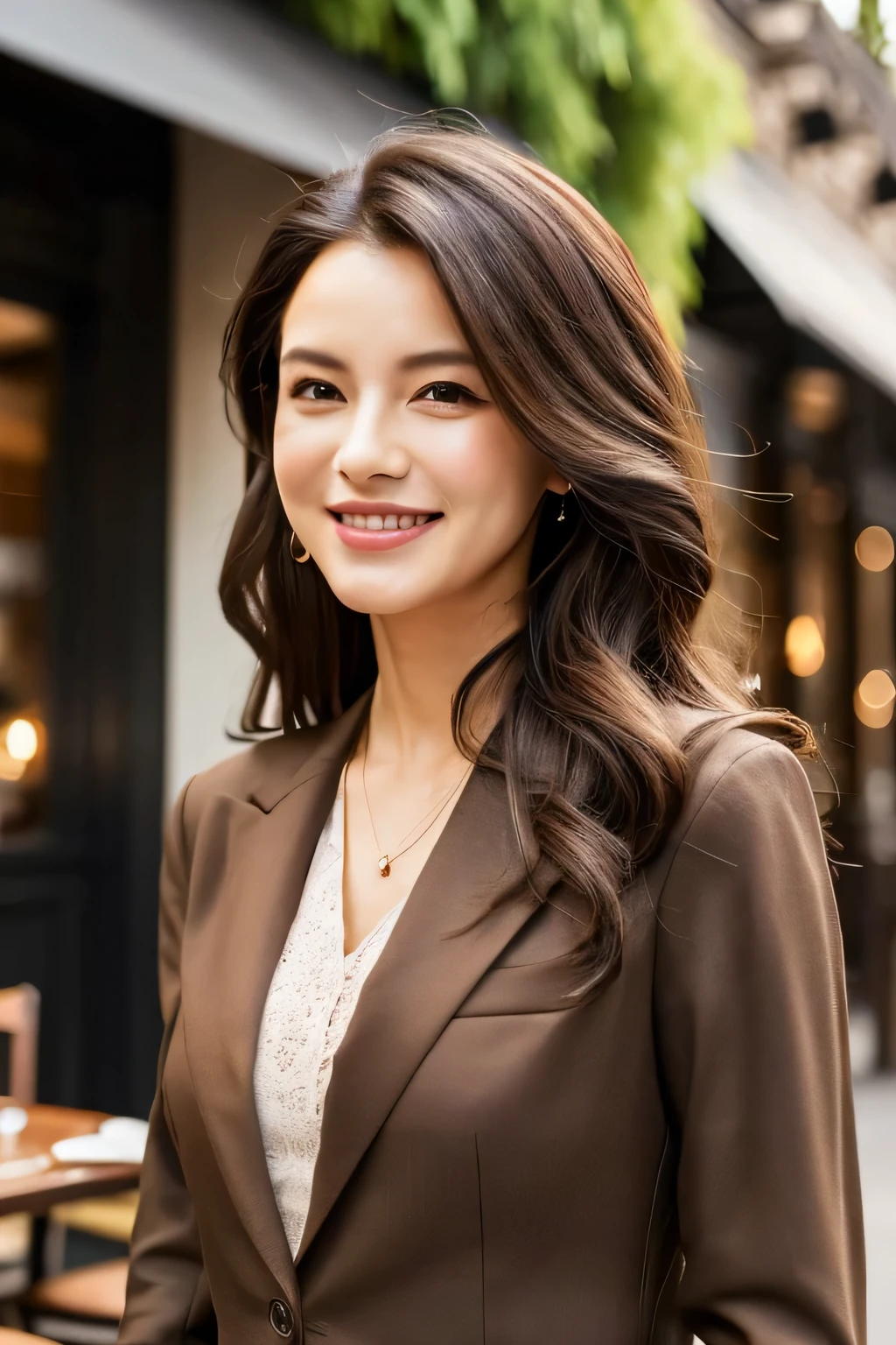 1 adult female, Long Hair, Curly Hair, Black hair color, Smooth skin, Brown eyes, With a smile, Vegetation, hour々, Business woman style clothing, Light Brown Blazer, Realist, With fine dining restaurant background, 8k super Realist, super detalhado e Realist