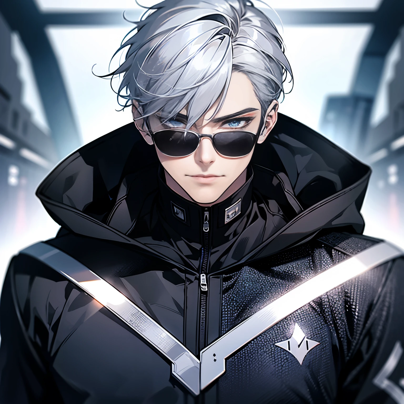 (Very detailed, Perfect Pixel, High resolution, highest quality, Beautifully drawn eyes in every detail), male, short hair, Parted bangs, Silver Hair, blue eyes,Black suit, Black hood, sunglasses, Modern, commander, Motion Blur, 8k, Super Detail, Accurate, highest quality, Ray Tracing.