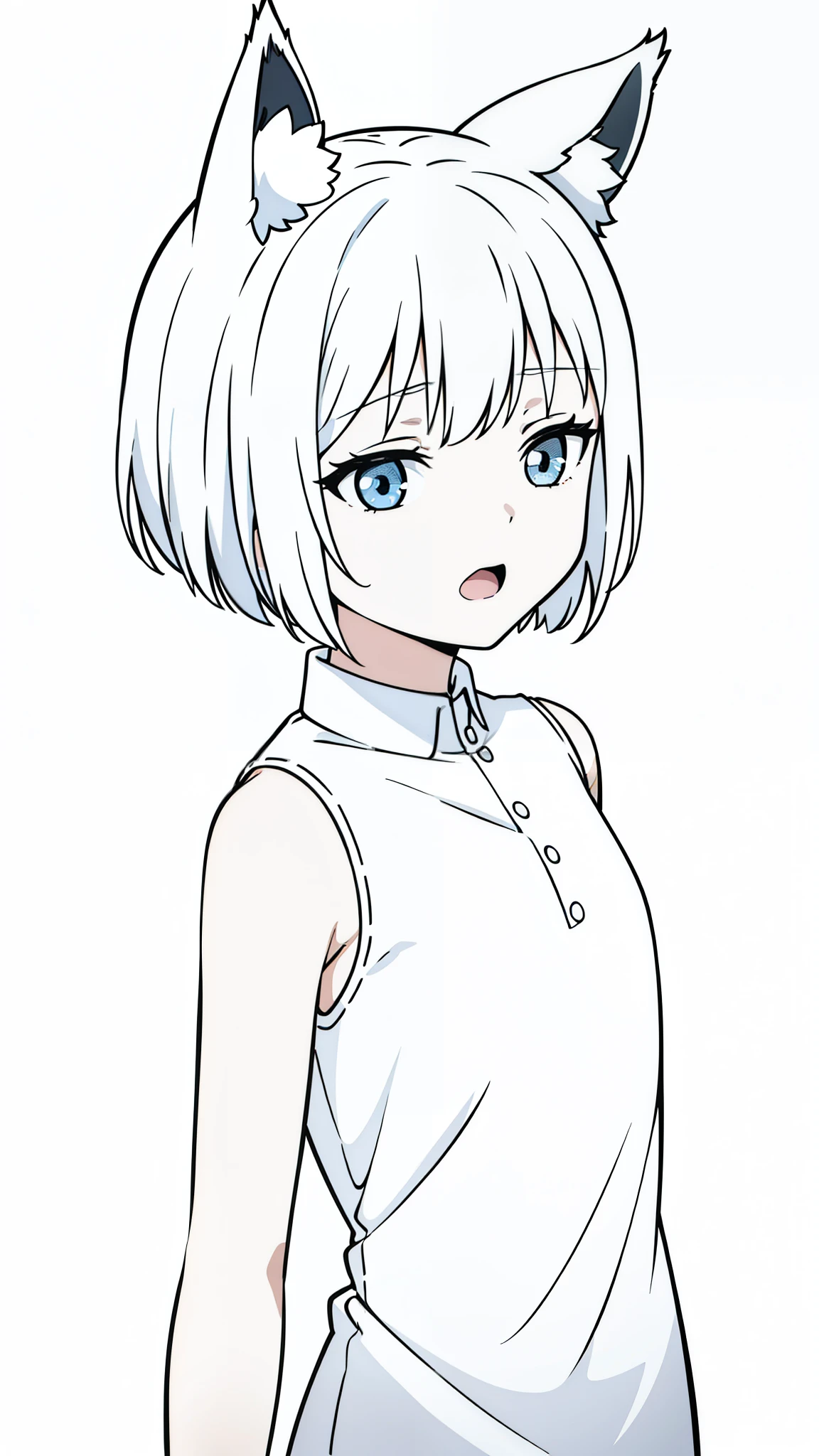 (1girl,,small),solo,white hair,short hair,fox ears,white shirt,sleeveless,(white background,line drawing),from back,open mouth,sad,closed eye