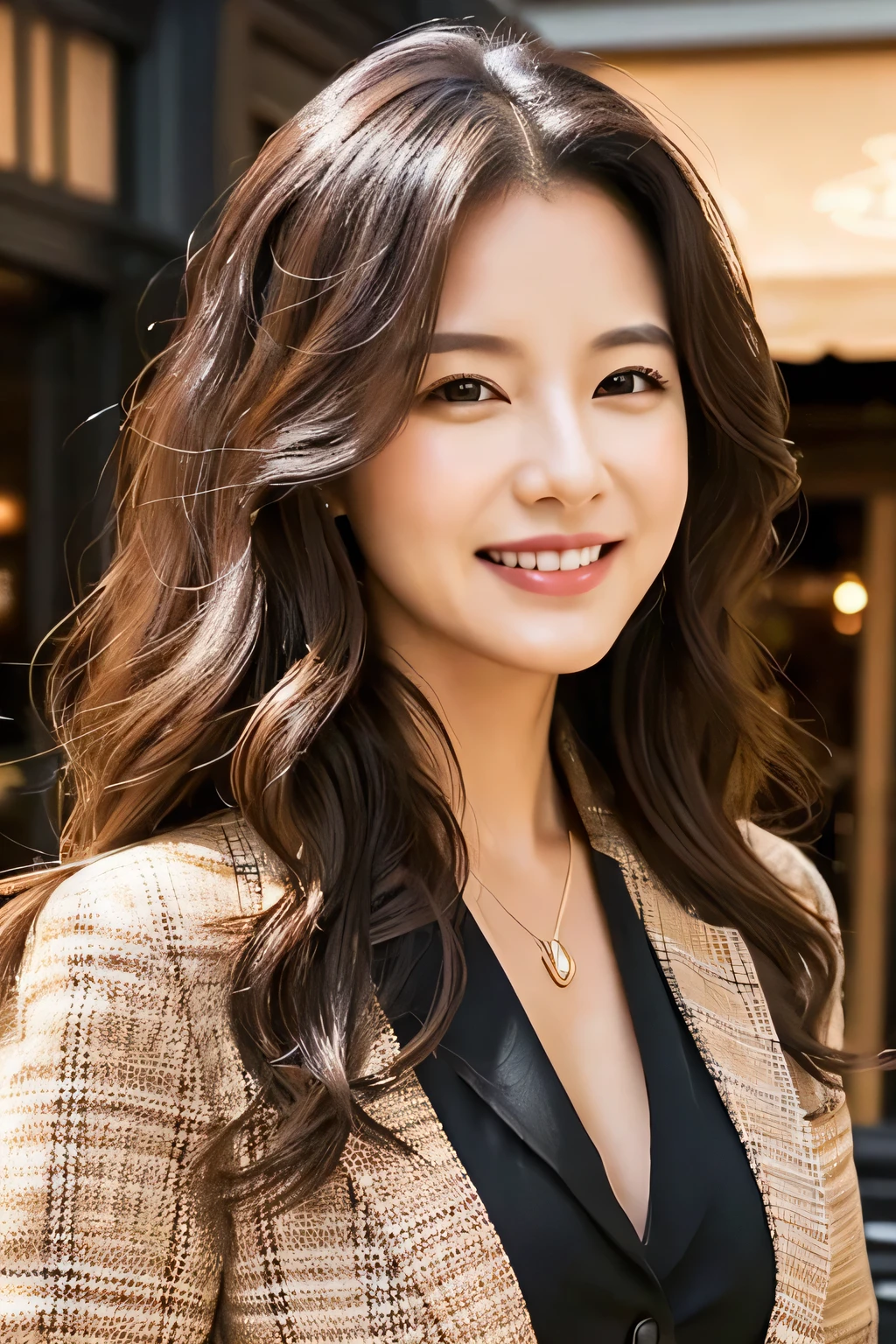 1 adult female, Long Hair, Curly Hair, Black hair color, Smooth skin, Brown eyes, With a smile, Vegetation, hour々, Business woman style clothing, Light Brown Blazer, Realist, With fine dining restaurant background, 8k super Realist, super detalhado e Realist