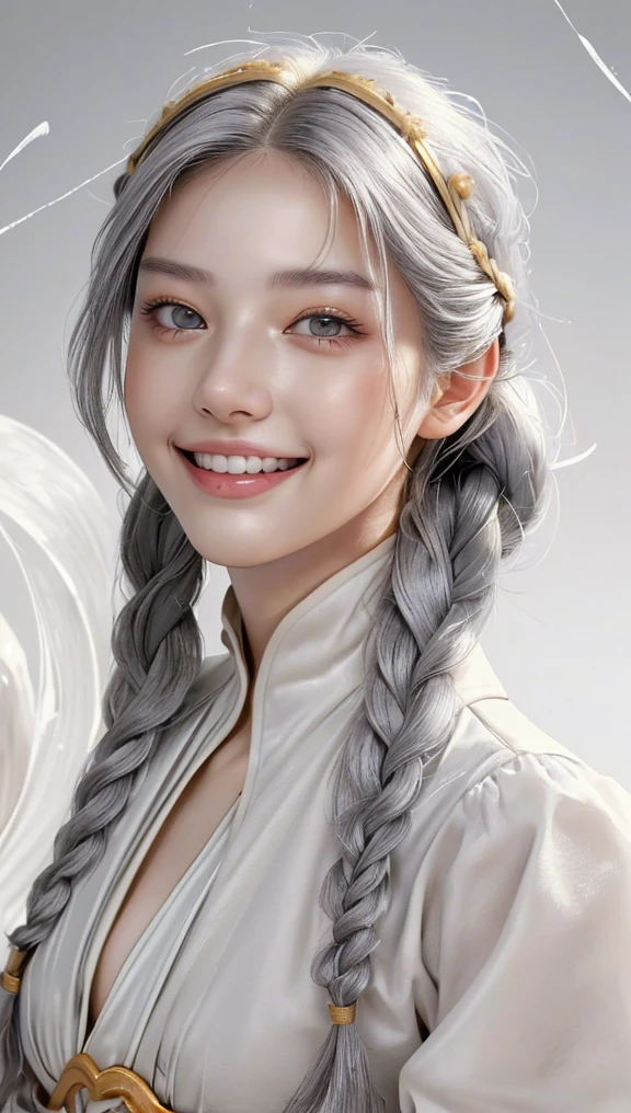(best quality,high image quality,masterpiece:1.2),gray hair,golden eyes,white clothes,looking up,upper body,hair strands,fair skin,side braids,smiling,double teeth