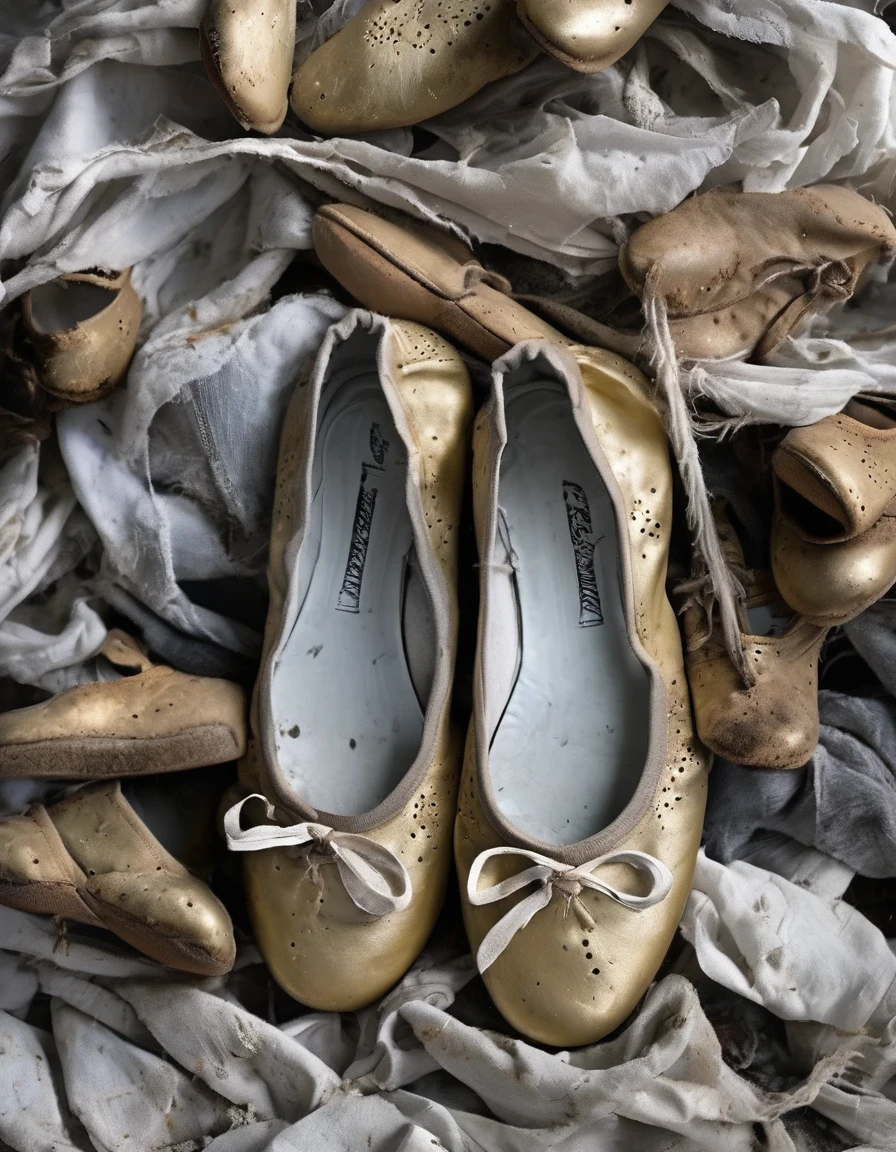 A golden trophy stands on a pile of old and worn-out ballet shoes of all kinds.：1.37，Shabby Gray，White，Dirty ballet shoes with holes