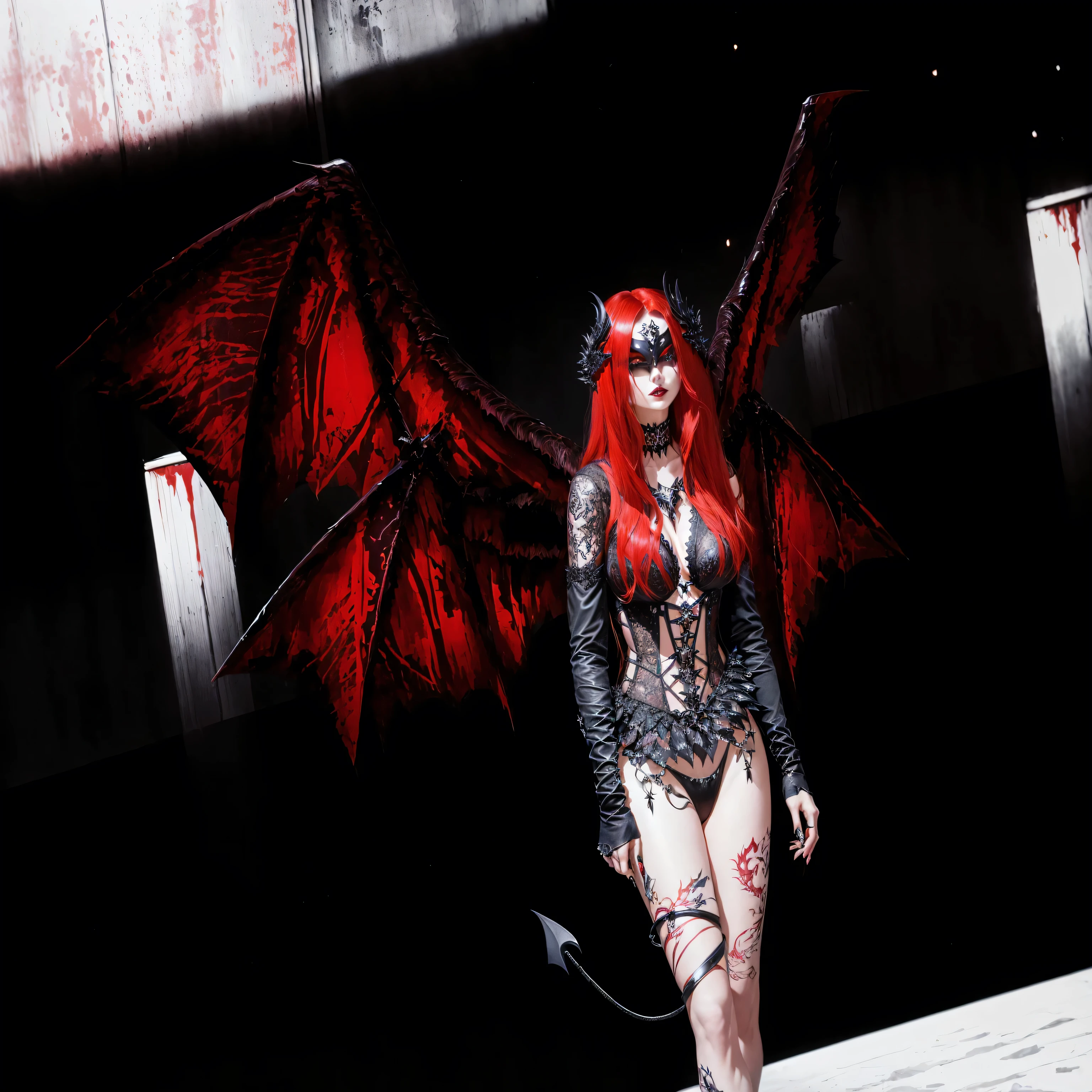 gothic woman with red hair and wings walking in a dark room, Sukubo | Medieval, Sukubo, beautiful Sukubo, Lilith, with hellish diabo wings, demon, vampira com asas de corvo, rainha do inferno, villain has black angel wings, black demon dancer, very sexy diabo outfit, inspirado em Louis Grell, full body diabo woman, diabo