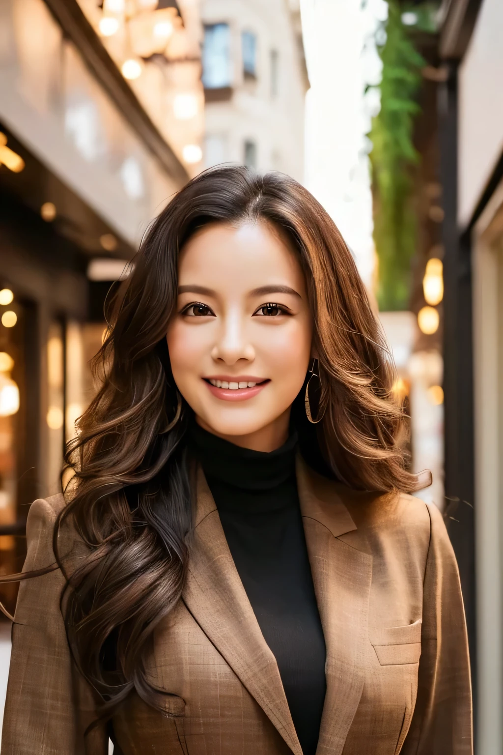 1 adult female, Long Hair, Curly Hair, Black hair color, Smooth skin, Brown eyes, With a smile, Vegetation, hour々, Business woman style clothing, Light Brown Blazer, Realist, With fine dining restaurant background, 8k super Realist, super detalhado e Realist
