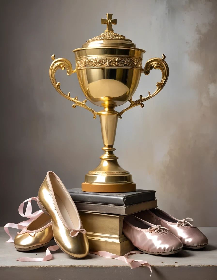 A golden trophy stands on a pile of old and worn-out ballet shoes of all kinds.