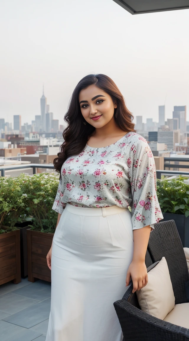monali thakur Indian beautiful actress curvy plus size hour glass bulky figure woman, closeup camera view, wearing SHEIN CURVE+ Plus Size Vintage Vacation Leisure Floral Batwing Sleeve Shirt, different style hairstyle, bright eyes, thin eyebrows, fair skin, blushing cheeks, prefect head to toe view, full body view, City Rooftop Garden: A rooftop garden oasis in the heart of the city with plants, seating, and skyline views. smile face, black hair, Indian face, perfect skin tone light, ultra realistic skin texture