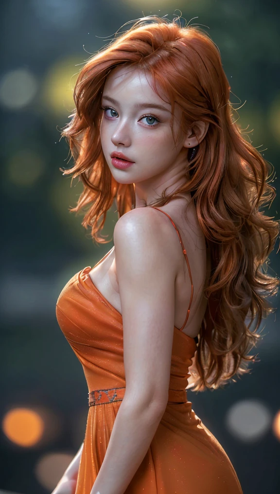 (best quality,4k,8k,highres,masterpiece:1.2),ultra-detailed,(realistic,photorealistic,photo-realistic:1.37), HDR,UHD,Studio lighting, extreme detail description, professional, vivid colors, bokeh, portraits, orange-haired girl with red eyes, beautiful detailed lips and eyes, dress, (solo:1.3),