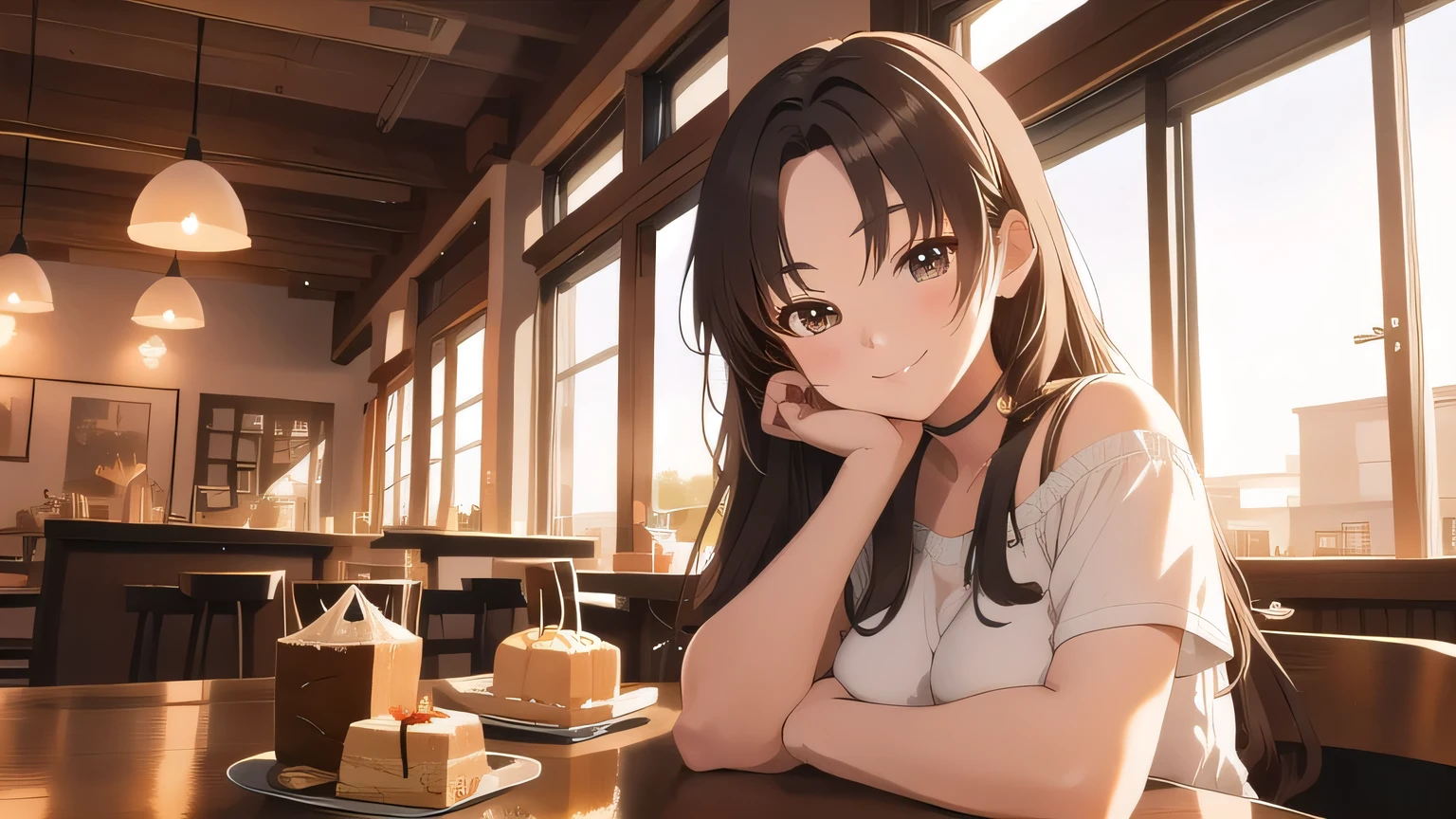 Anime style, cozy cafe, beautiful girl, warm lighting, elegant decor, serene ambiance, stylish seating, delicious pastries, inviting aroma, relaxed vibe, friendly smile, artistic presentation, charming environment, one person, masterpiece quality, 16:9 aspect ratio