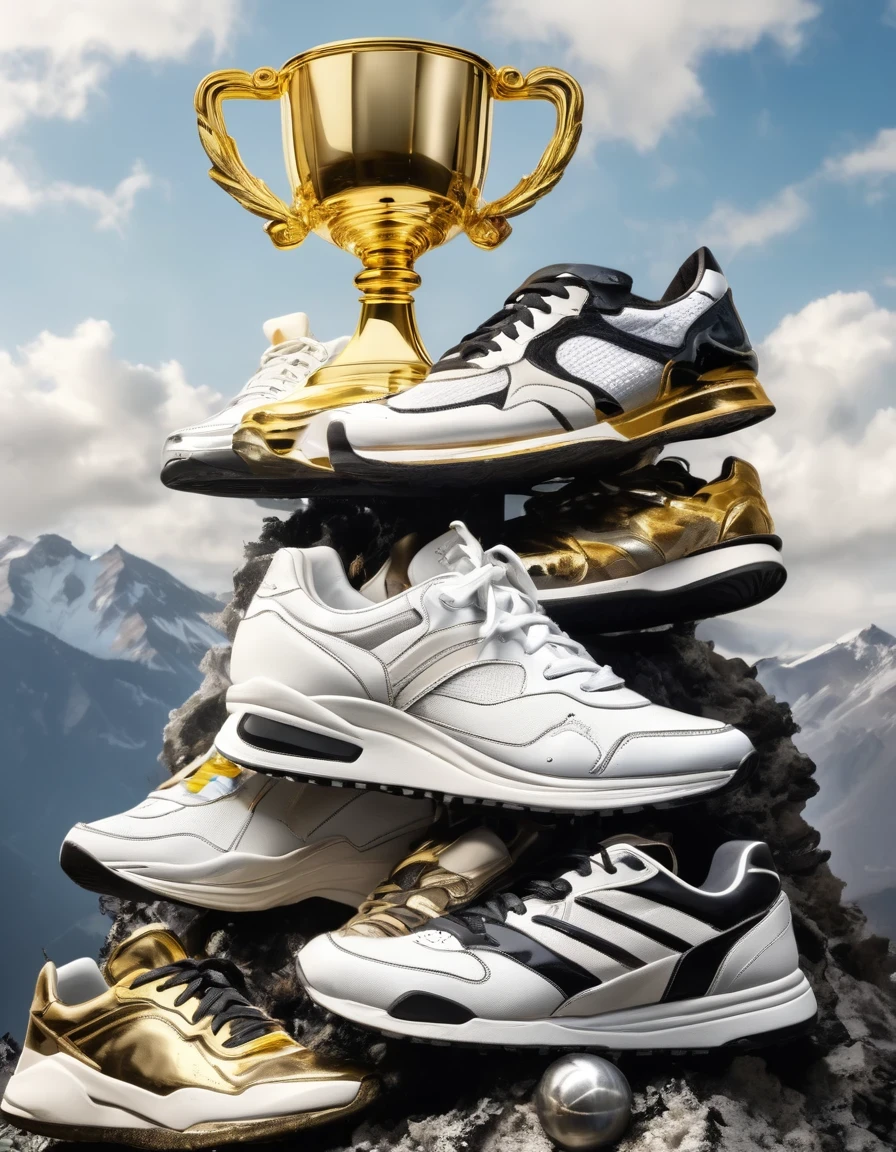 A golden trophy stands on a mountain of worn-out white and black sneakers of all kinds.，Success and dedication，Sweat and Honor，