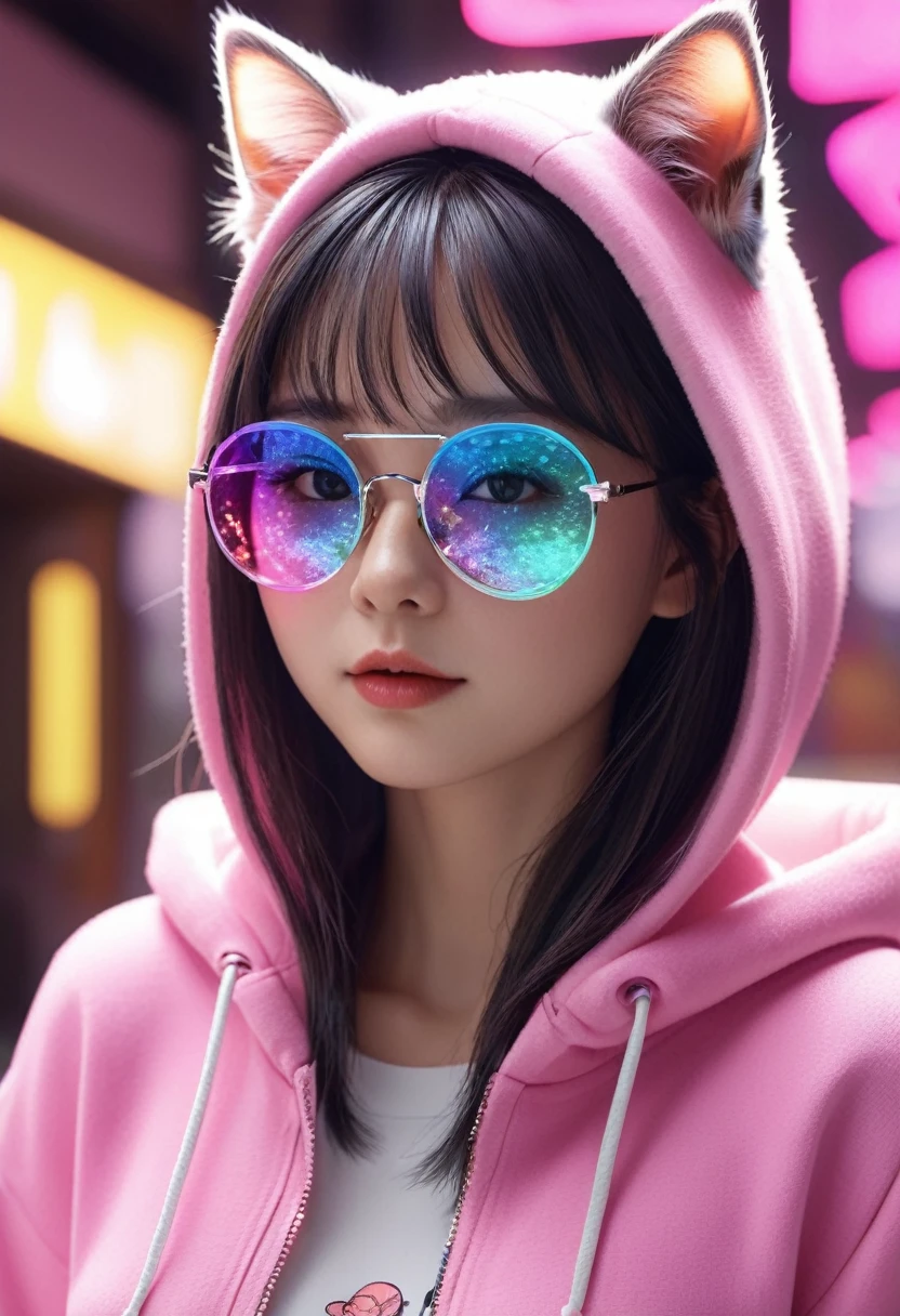 In a strange and cute cafe, Fluffy kitten, crafted from Very detailed curling, Thin glowing colored smoke, Wear a Rose Hoodie，戴上Fashion、interesting、Giant sparkly sunglasses. Against a backdrop of Full of energy neon Format spelling VIKUSIA, Fenoho Today, Capture its magic in a digital art masterpiece. Incorporate volumetric 3D Renderinging, Octane Rendering, and Full of energy graffiti elements to create a fantasy illustration that showcases its Fashion-forward style. Make it pop with a poster-worthy 3D Rendering that embraces the essence of this captivating character ((Amazing、Stunning views)). 3D, Very detailed, Clear focus, 8k, Super quality, Ultra HD, Crystal clear, Bokeh. Black magic Pocket Cinema Camera 6K Pro 配备 Sigma 18-35mm f/1.8 DC HSM Art Lenses for Canon EOS 5D Mark IV Camera，With Canon EF 24-70mm f/2.8L II USM lens--ar 9:16 -- 5 o&#39;clock&#39;bell.2 --750, architecture, Full of energy, wildlife photography, portrait photography, Fashion, Movie, Format, 3D Rendering, poster, photo