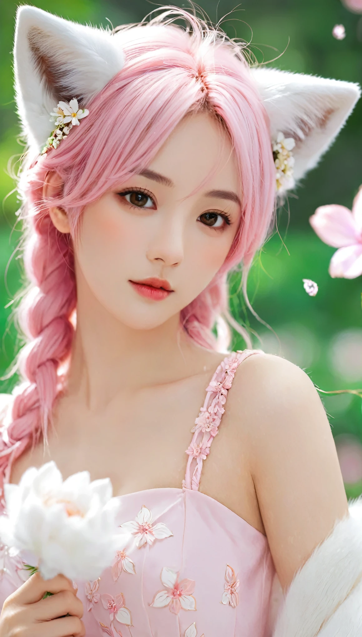Nine snow-white fox tails (1.0), Milky white fox tail (1.0), Nine-tailed fox close-up, Nine Tails, Nine Tails, Pink Hair、Wearing a pink dress、Anime girl with flowers in her hair, very Beautiful anime fox girl, Beautiful anime fox girl, Beautiful fantasy anime, guweiz, Anime girl with fox ears, Beautiful anime girl, Very beautiful and cute fox girl, Pink flower rain, Background blur, Anime style 4k, Anime Fantasy Artwork, 4k anime wallpaper, Guvez-style artwork