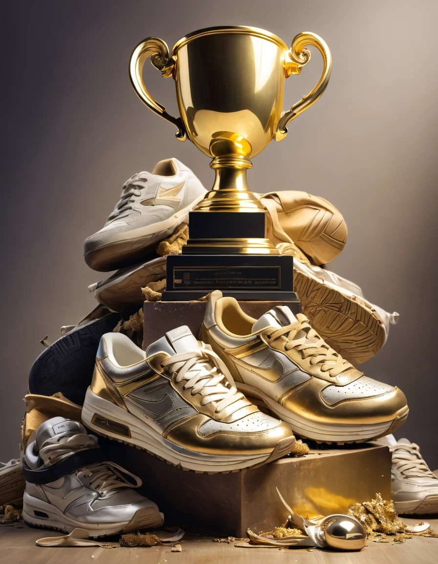 A golden trophy stands on a pile of old and worn-out sneakers of all kinds.