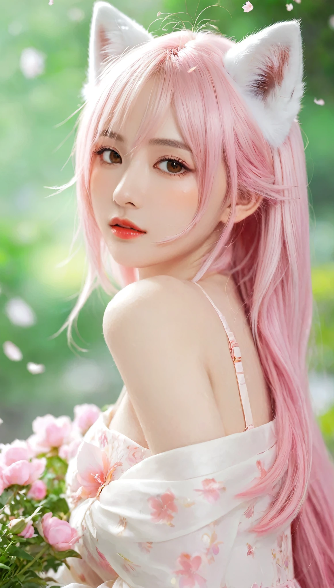 Nine snow-white fox tails (1.0), Milky white fox tail (1.0), Nine-tailed fox close-up, Nine Tails, Nine Tails, Pink Hair、Wearing a pink dress、Anime girl with flowers in her hair, very Beautiful anime fox girl, Beautiful anime fox girl, Beautiful fantasy anime, guweiz, Anime girl with fox ears, Beautiful anime girl, Very beautiful and cute fox girl, Pink flower rain, Background blur, Anime style 4k, Anime Fantasy Artwork, 4k anime wallpaper, Guvez-style artwork