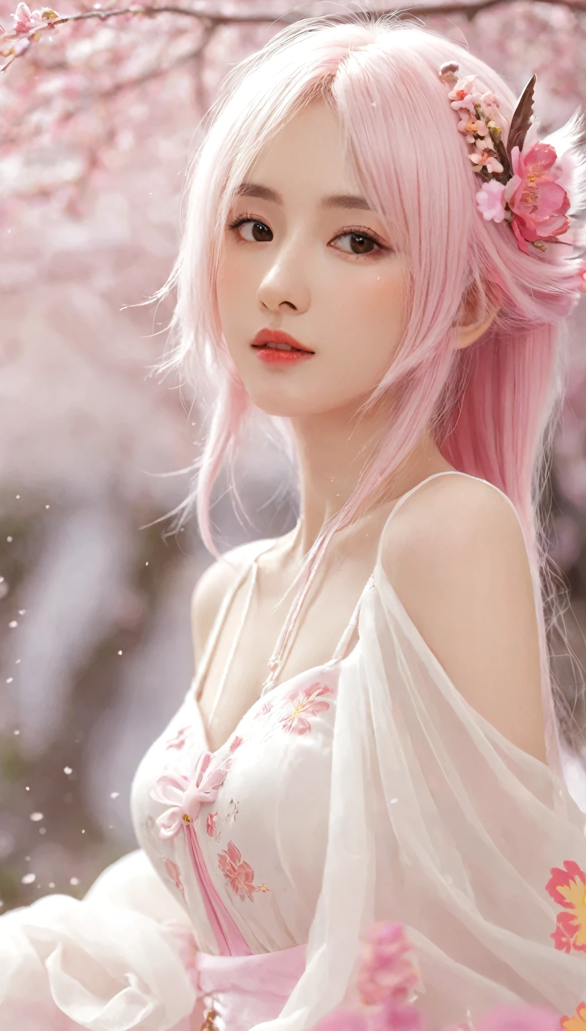 (8K, top-quality, masterpiece:1.2), (realistic, photorealistic:1.37), (super detailed:1.2), (one girl:1.5), (beautifully detailed eyes:1.2), (highest quality:1.2), (detailed face:1.2), (20yr old:1.2), (pink hair, long hair:1.2), (medium breasts:1.2), (clothed:1.2), (perfect lighting:1.2), (spring fashion, slight variation, maintaining spring essence:1.5), (upper body to knees composition:1.2), (relaxed natural atmosphere:1.2), (wind-swept pink long hair:1.3), (gentle smile:1.2), (natural standing pose:1.2), (sakura petals background:1.2), (soft morning light:1.2)