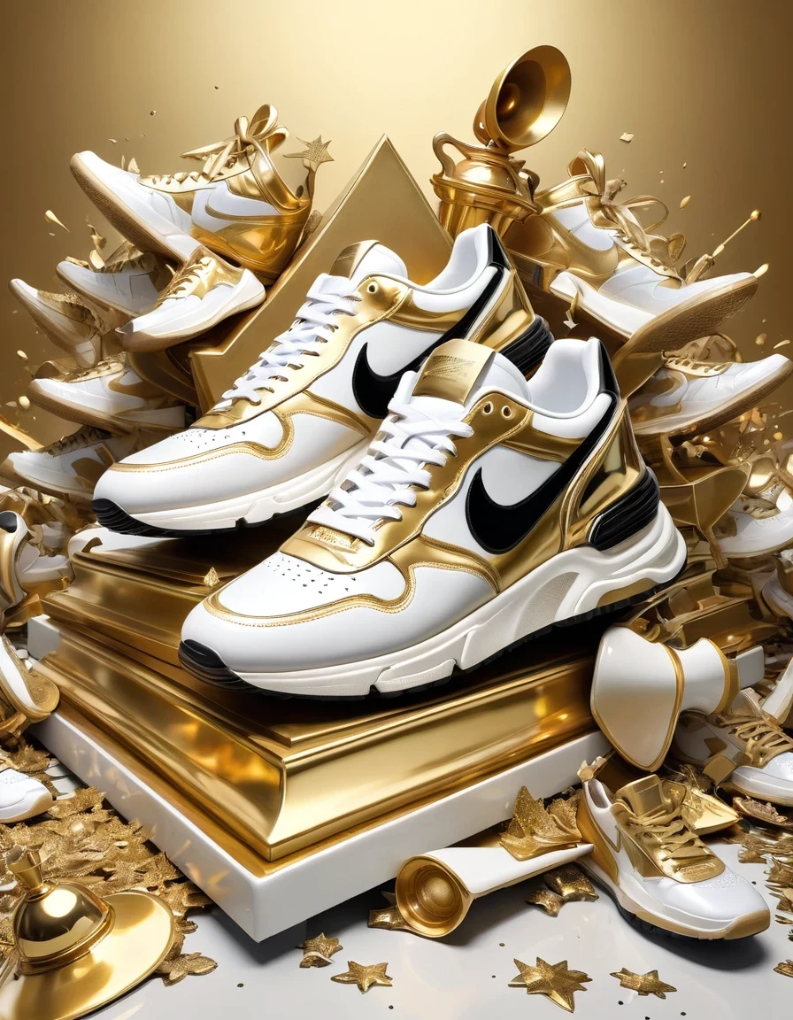 （Huge golden trophy：1.37），background：Super many worn out white and black sneakers，in style of Maximalism , 