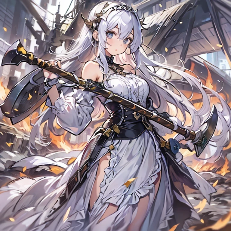 ((masterpiece)), ((bestquality)), ((ultra-detailed)), 1girl, solo, a -yeld gi white hair, blue eyes, detailed face, dragonian_head, dragonian_body, dragonian_hairstyle, dragonian_horns, dragonian_tail,white tail covered with scales, white long dress, dirty dress, torn dress, off shoulder dress, black choker, ((circlet on head)), bangs, battle axe, (holding axe:1.2), (over shoulder), weapon over shoulder, nice hands, perfect hands, weapon over shoulder, rain of fire , lava, image resolution 1024