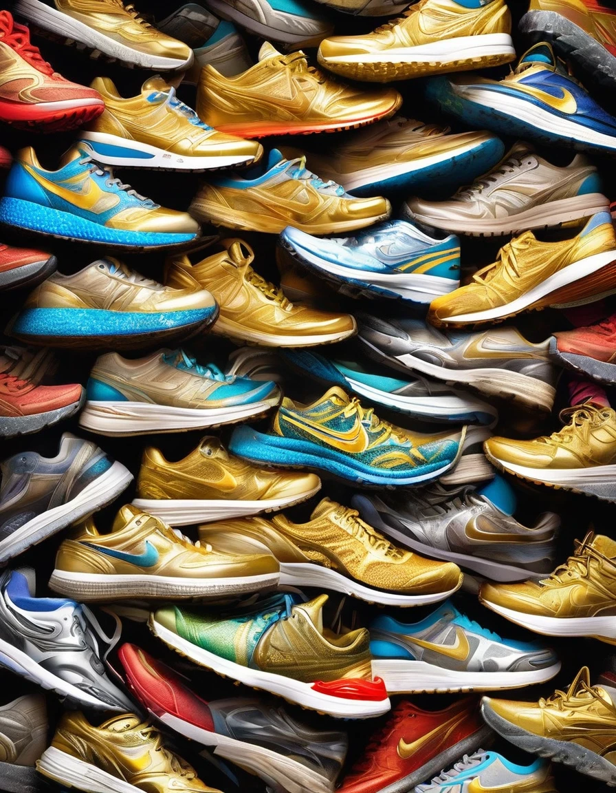 (Best Quality, High Definition, Ultra Fine, Realistic: 1.37), (Golden Trophy towering over countless pairs of worn running shoes: 1.37), a testament to hard work and dedication, the trophy shines under the spotlight, the polished surface reflects the glitter, the intricate carvings and details are a symbol of achievement and success, the worn out running shoes are a symbol of a journey taken, each pair of shoes tells a story of determination and perseverance, the sea of shoes in various colors and designs represents all the hard work done, a visual representation of the sacrifices made, an unforgettable sight of triumph and perseverance. Each shoe tells a story of determination and perseverance, poster, illustration, sport, vintage.