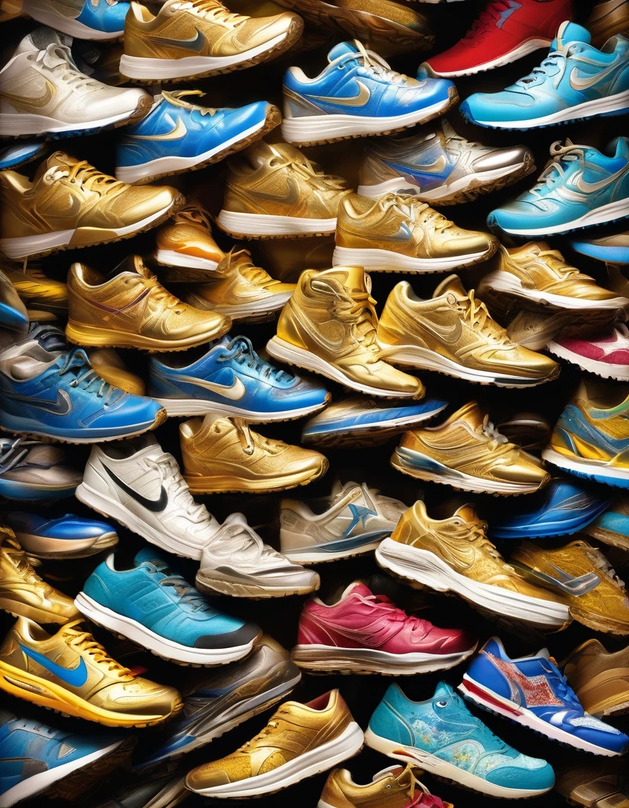 (Best Quality, High Definition, Ultra Fine, Realistic: 1.37), (Golden Trophy towering over countless pairs of worn running shoes: 1.37), a testament to hard work and dedication, the trophy shines under the spotlight, the polished surface reflects the glitter, the intricate carvings and details are a symbol of achievement and success, the worn out running shoes are a symbol of a journey taken, each pair of shoes tells a story of determination and perseverance, the sea of shoes in various colors and designs represents all the hard work done, a visual representation of the sacrifices made, an unforgettable sight of triumph and perseverance. Each shoe tells a story of determination and perseverance, poster, illustration, sport, vintage.