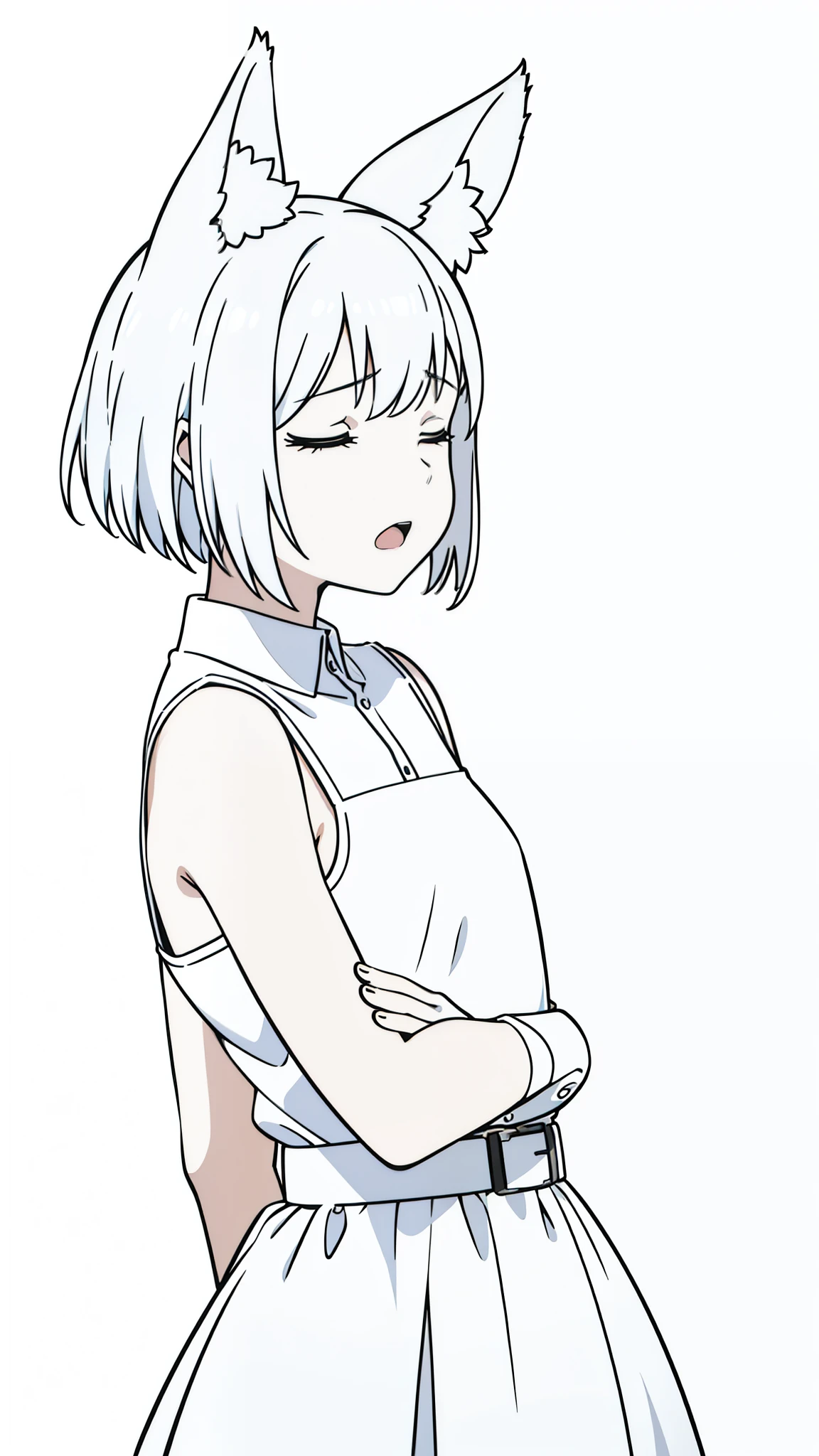 (1girl,8 years old,small),solo,white hair,short hair,fox ears,white shirt,sleeveless,(white background,line drawing),from side,open mouth,sad,closed eyes,head down
