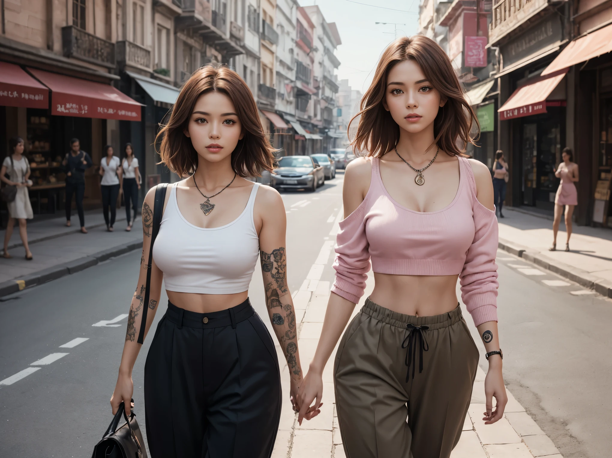 Generate hyper realistic, Ultra Realistic Image of 23 year matured women walking in the street, pink city the background and sky is slightly pink and and neon lights in the background, weaing a shrug and baggie pants, short brown hairs, thin waist, medium size breast, wearing a exotic antique necklec, and the one arm is up in her hairs, and the tattoo in her chest.