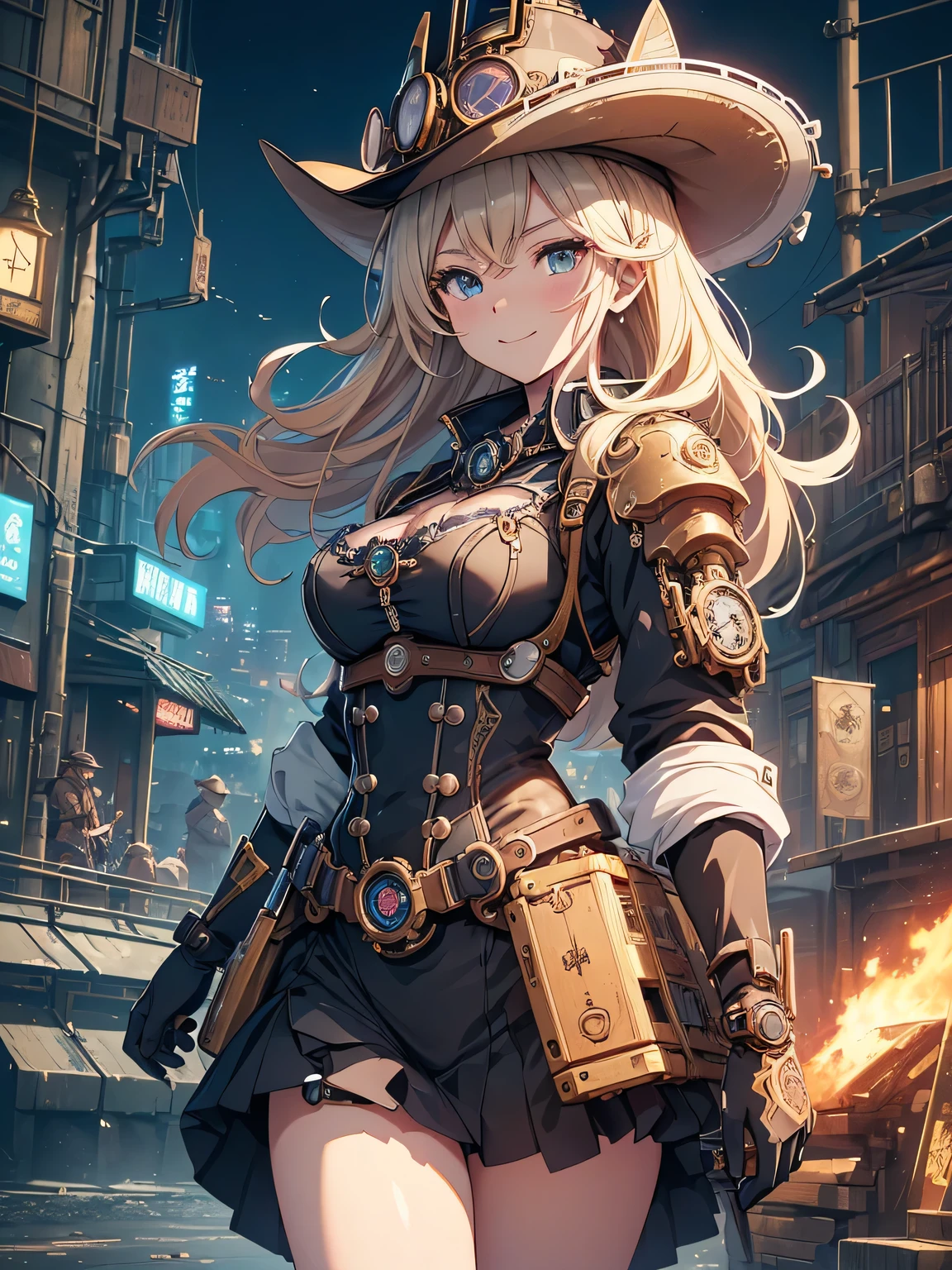 (Line art_anime),(Cowboy Shot,Low Angle, highest quality, ),(Laura Budd Photos:1.2),(Laura Add details:1.0),8k, Flat Color:0.8,1 girl,smile,(Highly decorative and complex mechanical steampunk fashion, Lace flare dolphin hat、Goggles 1.5、machinery background、Gear background、An elaborately mechanized steampunk cityscape 1.5),