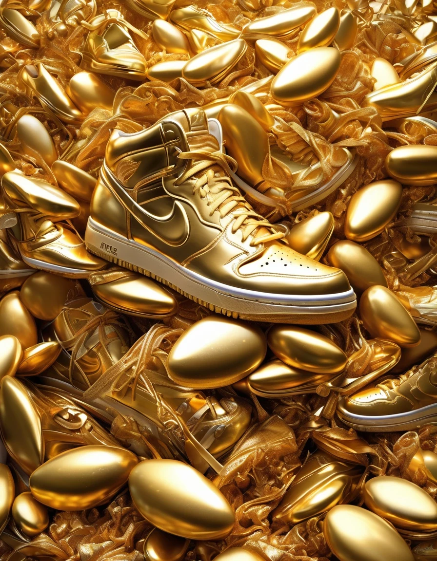 (best quality,highres,ultra-detailed,realistic:1.37),golden trophy towering among countless worn-out running shoes, a testament to hard work and dedication, trophy shines brightly under the spotlight, gleaming reflections on its polished surface, intricate engravings and details, a symbol of achievement and success, worn-out running shoes symbolize the journey taken, signs of wear and tear from countless miles, each pair tells a story of determination and perseverance, a sea of shoes in various colors and designs, representing all the hard work put in, a visual representation of the sacrifices made, showcasing the dedication and passion, a memorable sight of triumph and perseverance.