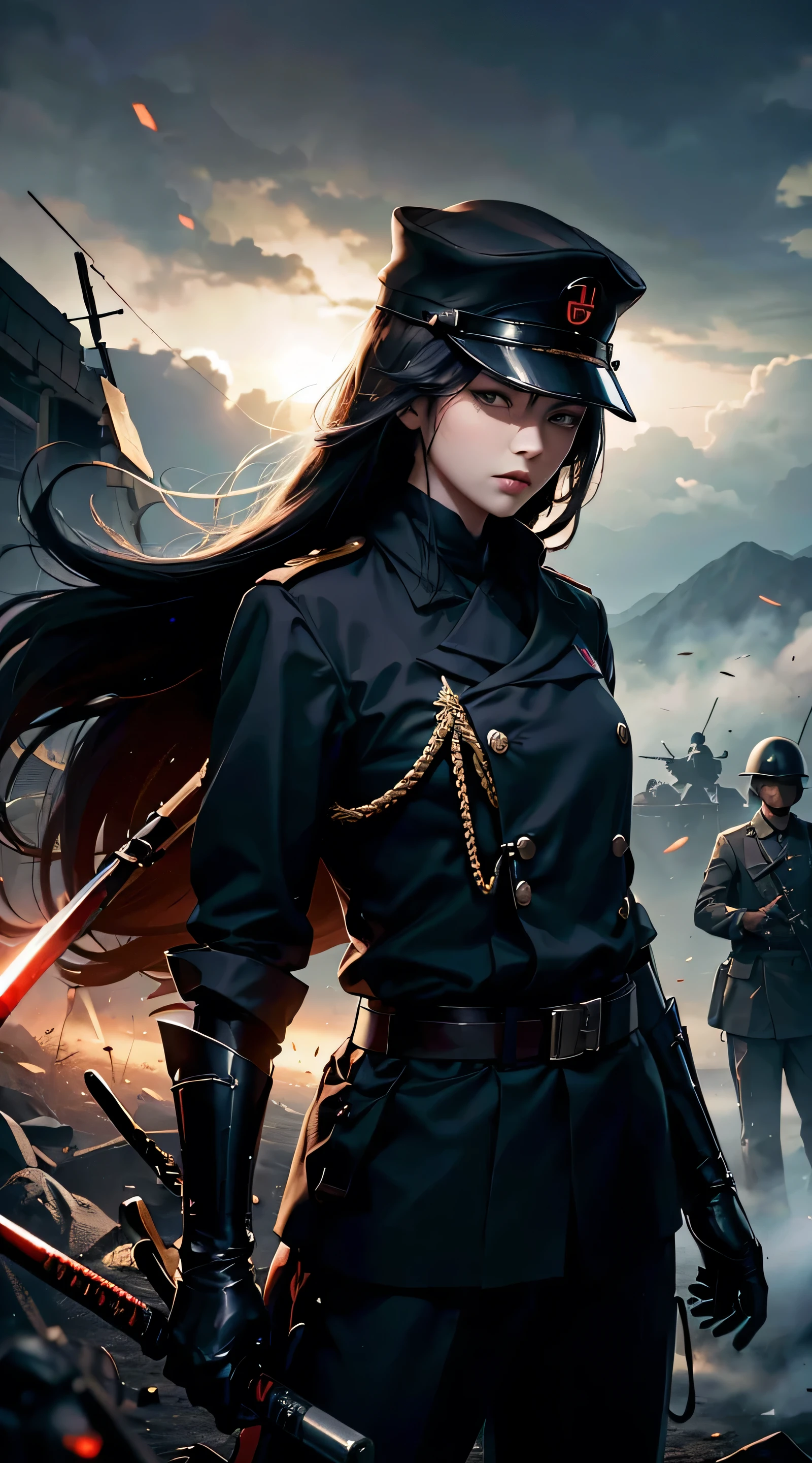 Grandfather holding katana, ww2 black suits, general ww2 hats, baddas stare, soldiers in the background,red blood element,hd light and dark, balance rendering, HD lighting and dark )<=(epic image quality)dark atmosphere with bright particle light(many effects in background