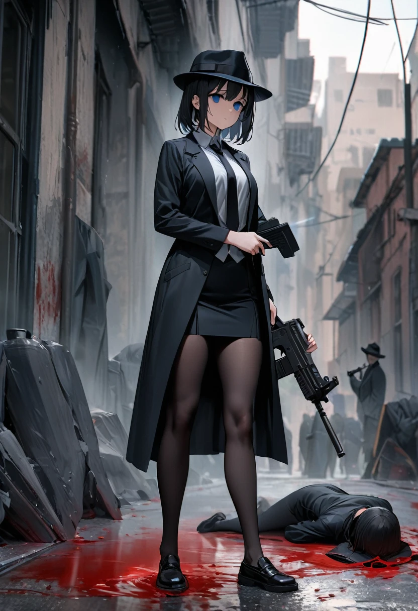 Masterpiece, Improved quality, High quality, Good anatomy, Healthy body, Whole fingers, Normal digits, 4k quality image, Girl, beautiful girl, perfect body, full body, perfect girl, back-length black hair, blue eyes, empty eyes, hat fedora, black shirt, heavy rain, thunder strike, black long suits, mini black skirt, black tie, she is holding a submachine gun, human corpse, pool of blood, blood splatter, there was someone behind him wearing the same clothes and they were holding a submachine gun, in a city alley.