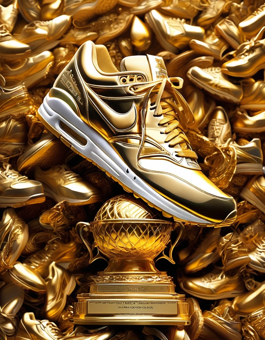 (best quality,highres,ultra-detailed,realistic:1.37),golden trophy towering among countless worn-out running shoes, a testament to hard work and dedication, trophy shines brightly under the spotlight, gleaming reflections on its polished surface, intricate engravings and details, a symbol of achievement and success, worn-out running shoes symbolize the journey taken, signs of wear and tear from countless miles, each pair tells a story of determination and perseverance, a sea of shoes in various colors and designs, representing all the hard work put in, a visual representation of the sacrifices made, showcasing the dedication and passion, a memorable sight of triumph and perseverance.