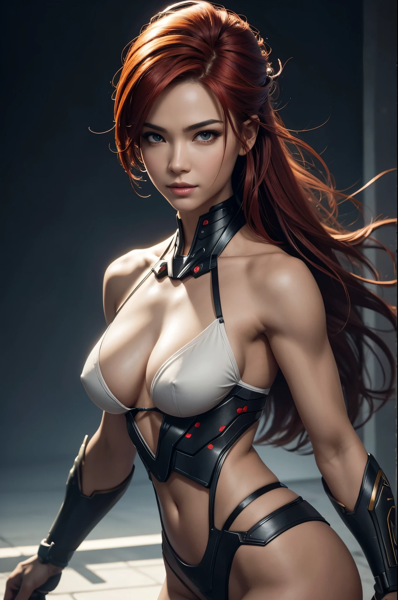 8K,A woman with one arm who is a cyborg,Super Beauty(Realistic Skin),Martial Arts Posture,Powerful gaze,Muscular, slim body and lower body,Fearless smile,Red hair mohawk,Perfect Anatomy,charm,Volume measurement,Body balance,Digital single-lens reflex camera, Soft lighting, Detailed Background, Written boundary depth, Volumetric lighting, Sharp focus, Absurd, Realistic proportions, Excellent anatomy, (Realistic, 超Realistic:1.4), 16K HDR, dawn,A High Resolution,super Realistic 肌,Super beautiful expression,Fantasy art,Character Art,Wind effects:1.9、Cloud Effect:1.2、Full Rendering、Professional quality high resolution、Perfect contrast、Perfect lighting、Perfect composition、Perfect Skin、Perfect Fingers、Perfect breasts、Perfect Hair、Perfect Face、Realistic facial features,super highest quality,Slim figure,Perfect body line,Perfect hand shape,Anatomical body balance,Highly detailed face,Highly detailed eyes,Beautiful Lips,Excellent light particles,Cinema Lighting,Makeup,Ultra-high resolution,Ultra-Realistic Skin,Lightweight costume,One arm is a machine,