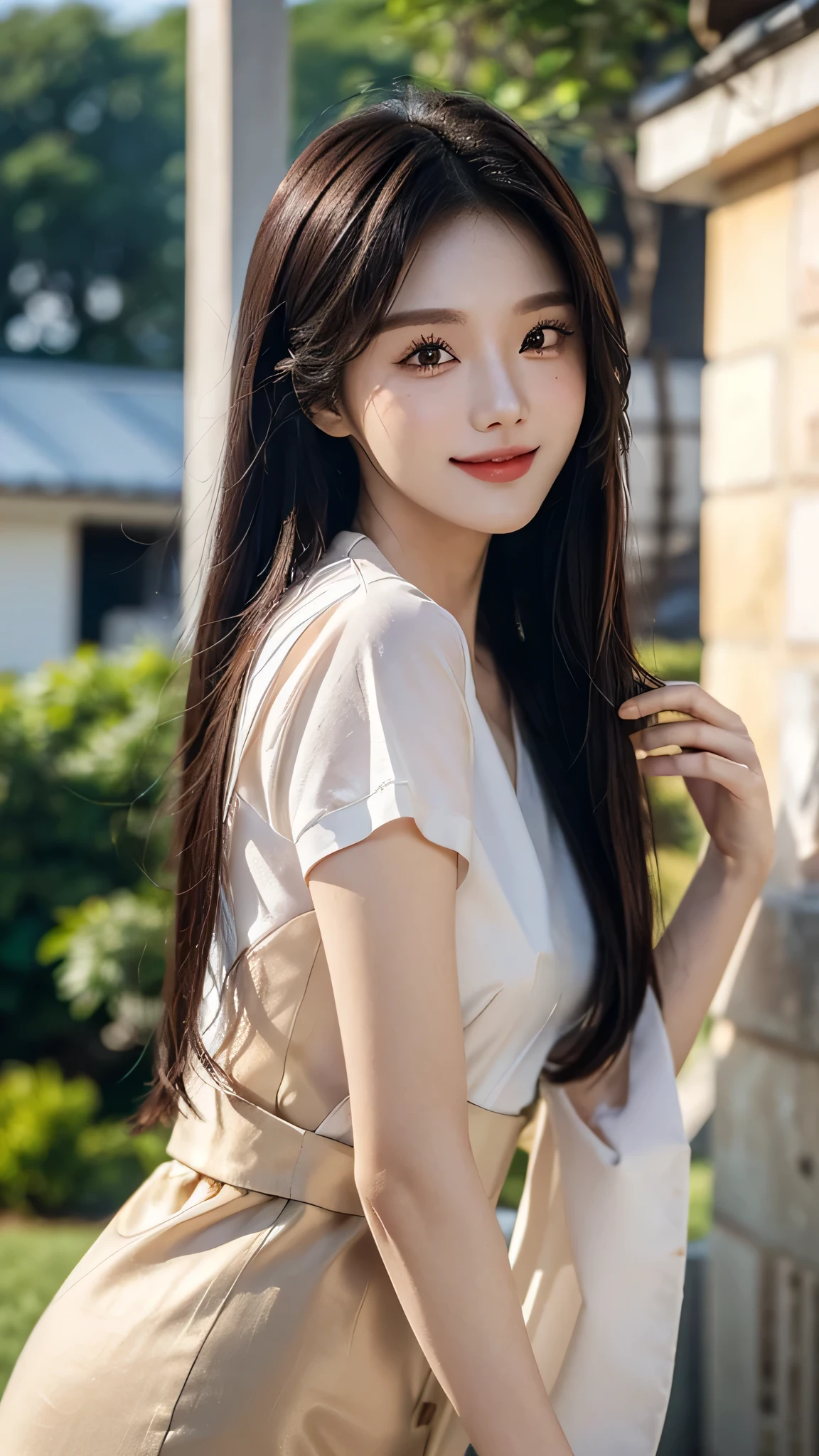 masterpiece、top-quality)、1 beautiful girl、((Wearing black sunglasses )), (Detailed beautiful eyes), ((Detailed skin)) , ((Detailed medium hair)), she inside the mordern villa、((Boyish Brown Medium Hair))、((Smaller face))、((Neutral face))、((Face seen from the side))、((Light brown eyes))、((Korean Girl))、((18year old))、((cool lady))、((A shy smile on his face))、((Korean Makeup))、((elongated and sharp eyes))、((Happy dating))、((boyish))、((Shot from the same height as your face)、on the white villa ), ((CG rendering)), ((Blurred background)), ((16K)), ((Very detailed)), ((wallpaper)), ((depth of field)), ((movie light)), (( Ray tracing)).