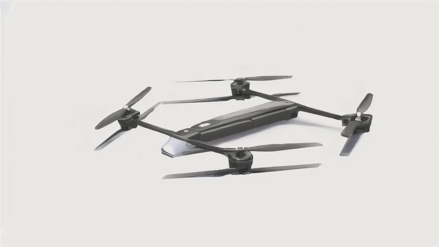 a close up of a small black Drones with propellers on a white surface, Top angle view,Coaxial quadrotor top view, Wide and high angle views, Drones camera angle, Drones, Panoramic view, Full length view, Drones wide shot, Movie Panorama, Drones perspective, Droness, Detailed wide angle shot, technology, wide angle panorama, View from a lower angle
