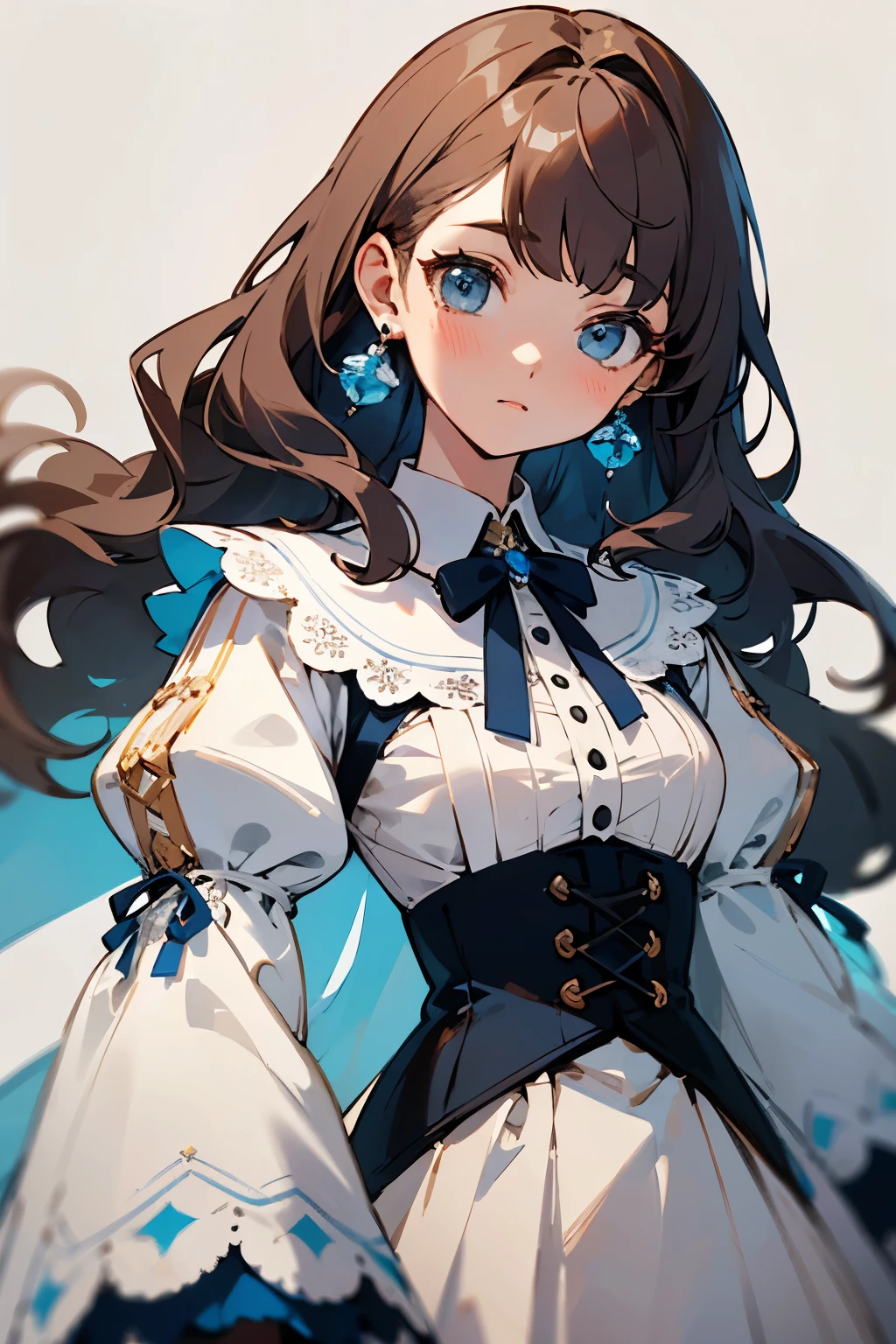 ((highest quality)), ((masterpiece)), (detailed), Perfect face young woman drawing。She has long wavy brown hair with straight bangs。Her outfit is、The combination of pastel blue and white is reminiscent of maids and fantasy characters.。The white blouse has lace trim and puff sleeves.、A light blue ribbon is tied around the neck.。Pastel blue corset-style bodice with silver buttons。A short cape of the same color as the bodice is draped over the shoulders.。The cape is buttoned up、The collar and sleeves of the blouse are coming out from the cape。The skirt is made of white fabric with lace.、Blue gingham check pattern、Gives an attractive and elegant impression。Her expression is calm、She has a soft smile and rosy cheeks.。She accessorizes with delicate earrings.。