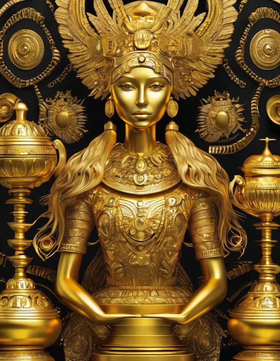 Golden trophies，streamline，in style of Aztec Empire period ,, in style of Del Kathryn Barton，background：black