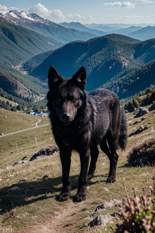 create for me an Ultra realistic image of a black wolf on a mountain walking