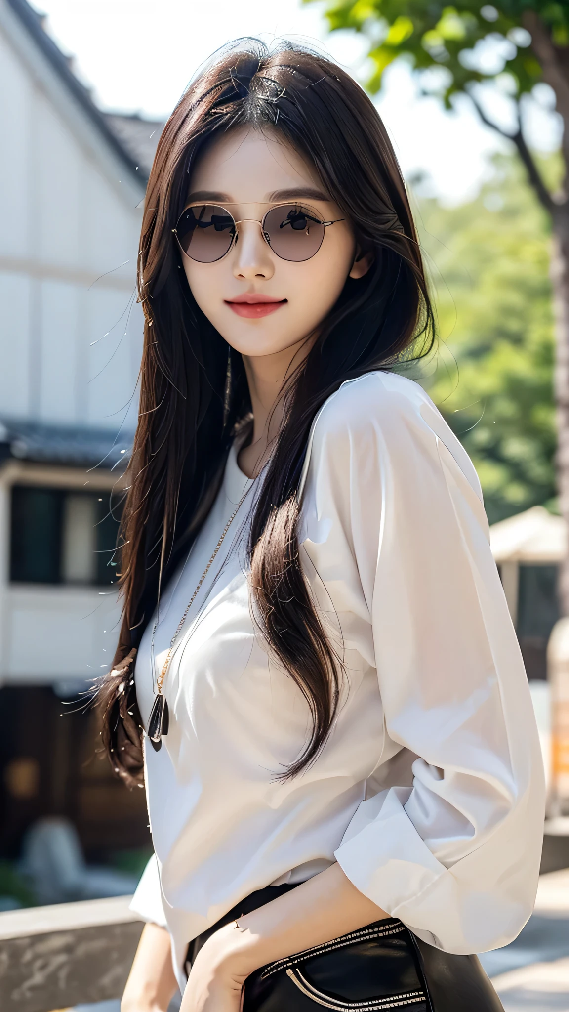 masterpiece、top-quality)、1 beautiful girl、((Wearing black sunglasses )), (Detailed beautiful eyes), ((Detailed skin)) , ((Detailed medium hair)), she inside the mordern villa、((Boyish Brown Medium Hair))、((Smaller face))、((Neutral face))、((Face seen from the side))、((Light brown eyes))、((Korean Girl))、((18year old))、((cool lady))、((A shy smile on his face))、((Korean Makeup))、((elongated and sharp eyes))、((Happy dating))、((boyish))、((Shot from the same height as your face)、on the white villa ), ((CG rendering)), ((Blurred background)), ((16K)), ((Very detailed)), ((wallpaper)), ((depth of field)), ((movie light)), (( Ray tracing)).